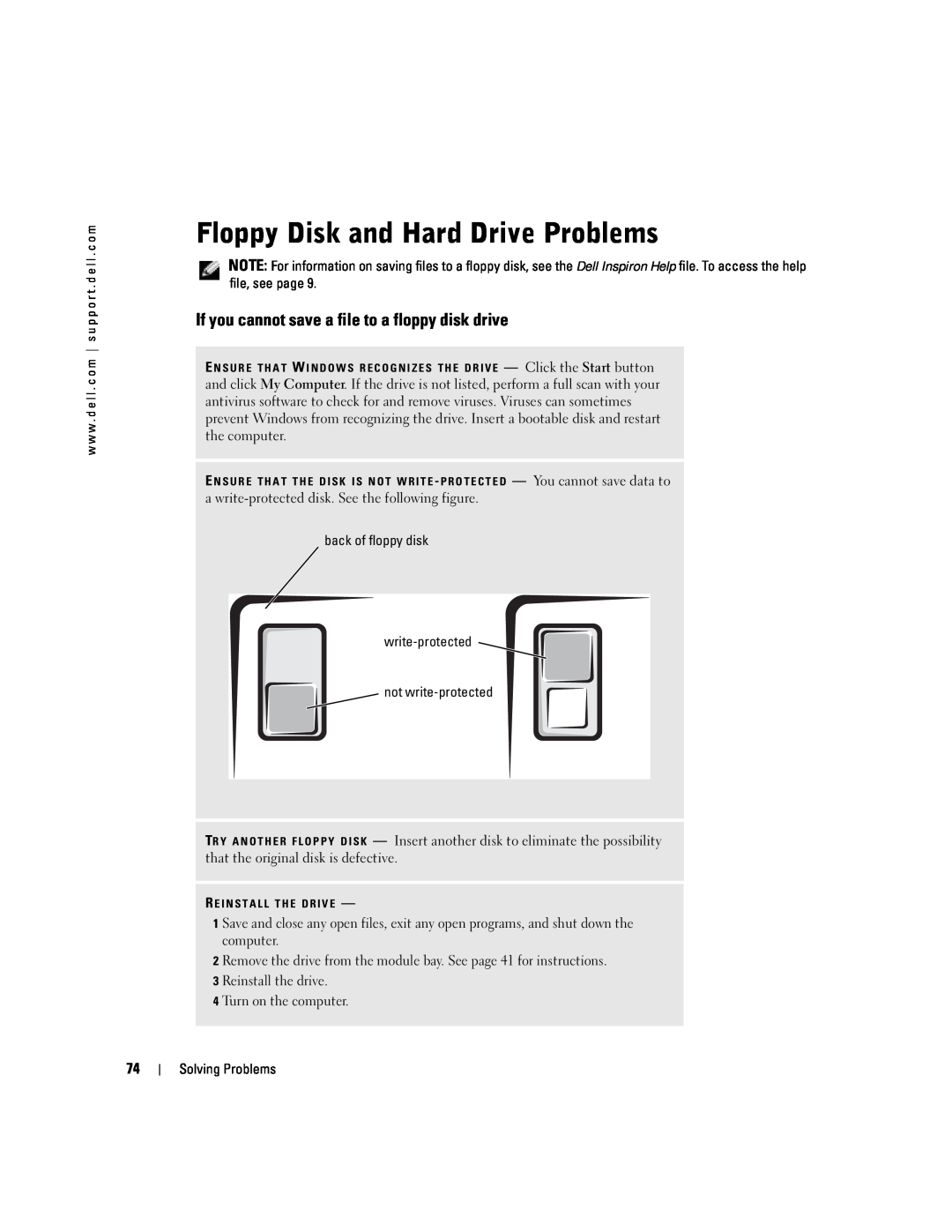Dell PP10L owner manual Floppy Disk and Hard Drive Problems, If you cannot save a file to a floppy disk drive 