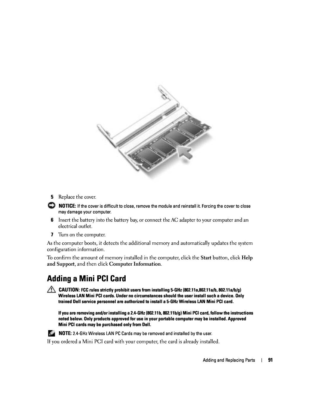 Dell PP10L owner manual Adding a Mini PCI Card, Replace the cover, Turn on the computer 