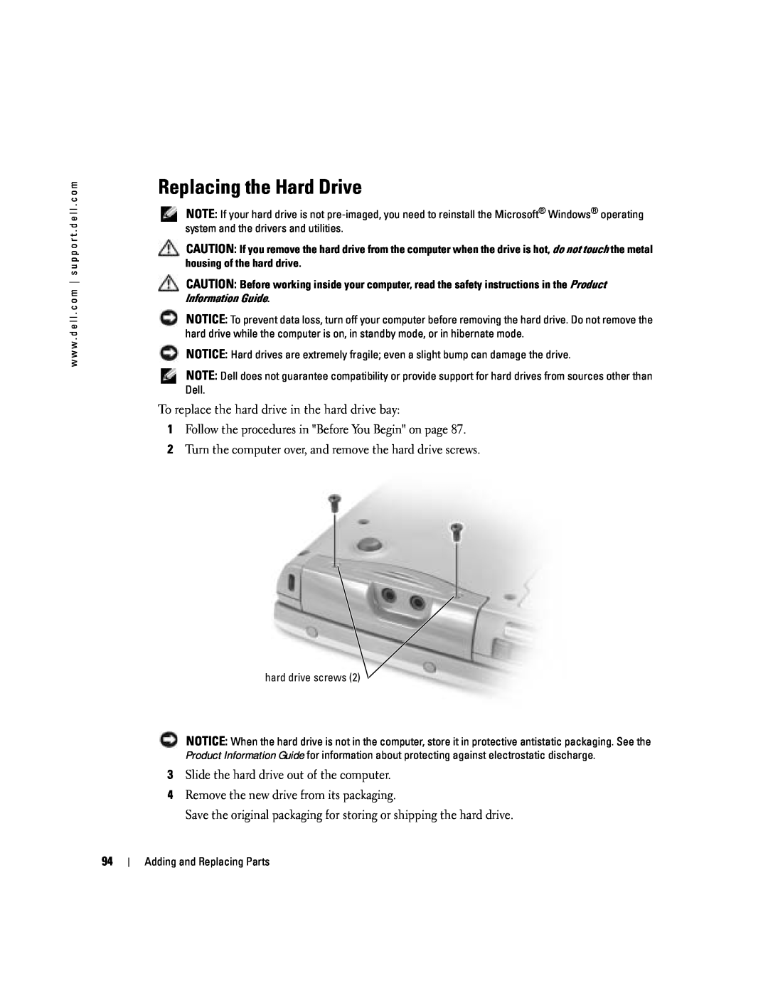 Dell PP10L owner manual Replacing the Hard Drive, To replace the hard drive in the hard drive bay 