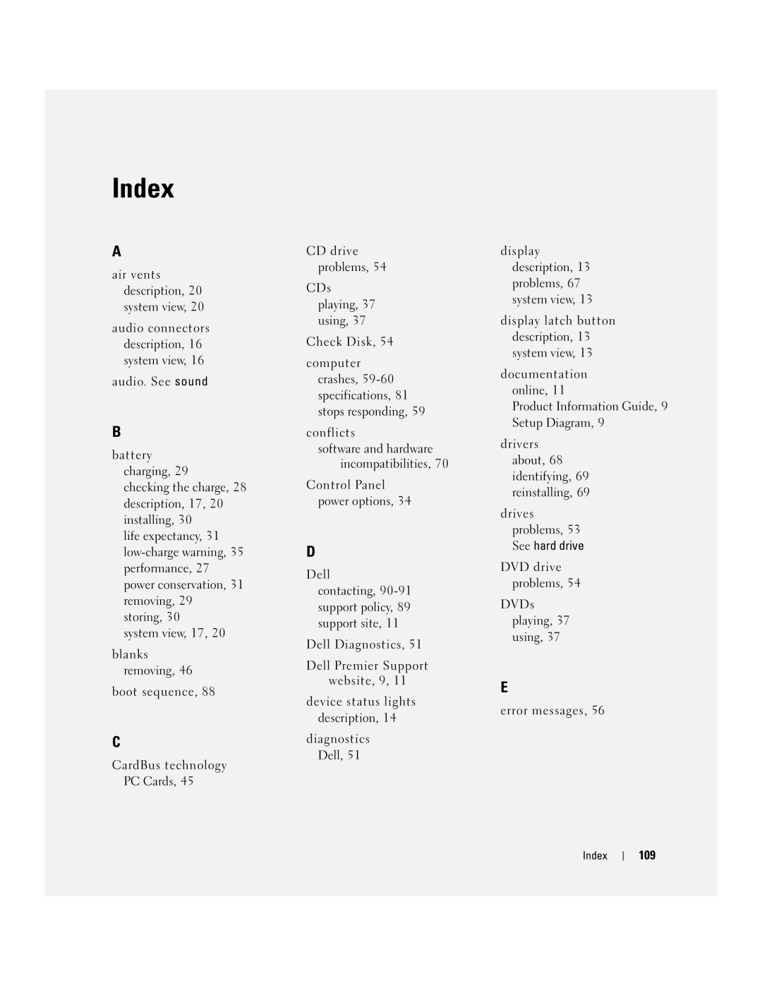 Dell PP10S owner manual Index, 109 