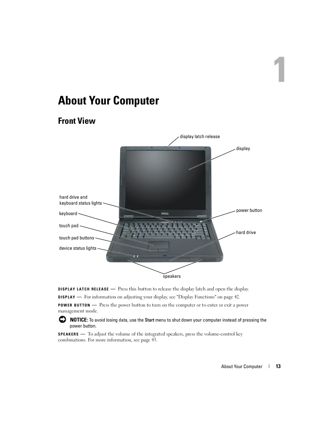 Dell PP10S owner manual About Your Computer, Front View, Display latch release 