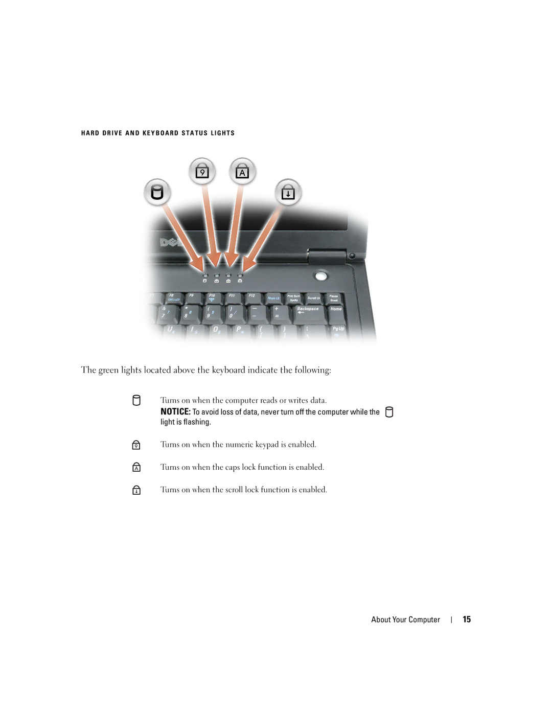 Dell PP10S owner manual R D D R I V E a N D K E Y B O a R D S T a T U S L I G H T S 