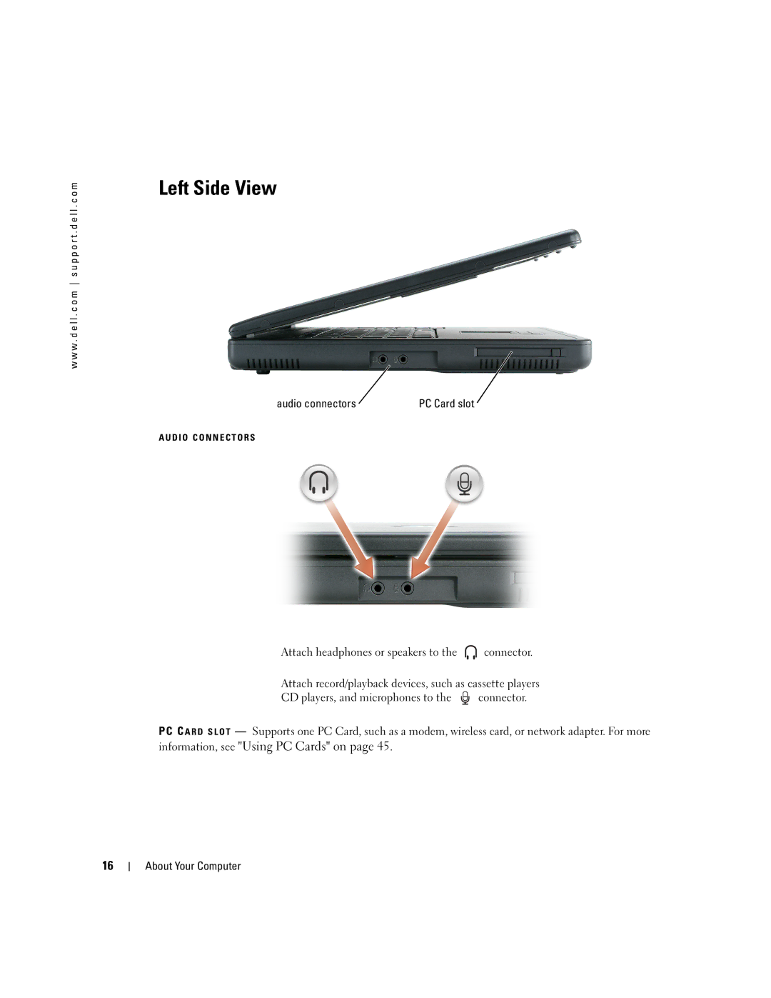 Dell PP10S owner manual Left Side View, Audio connectors 