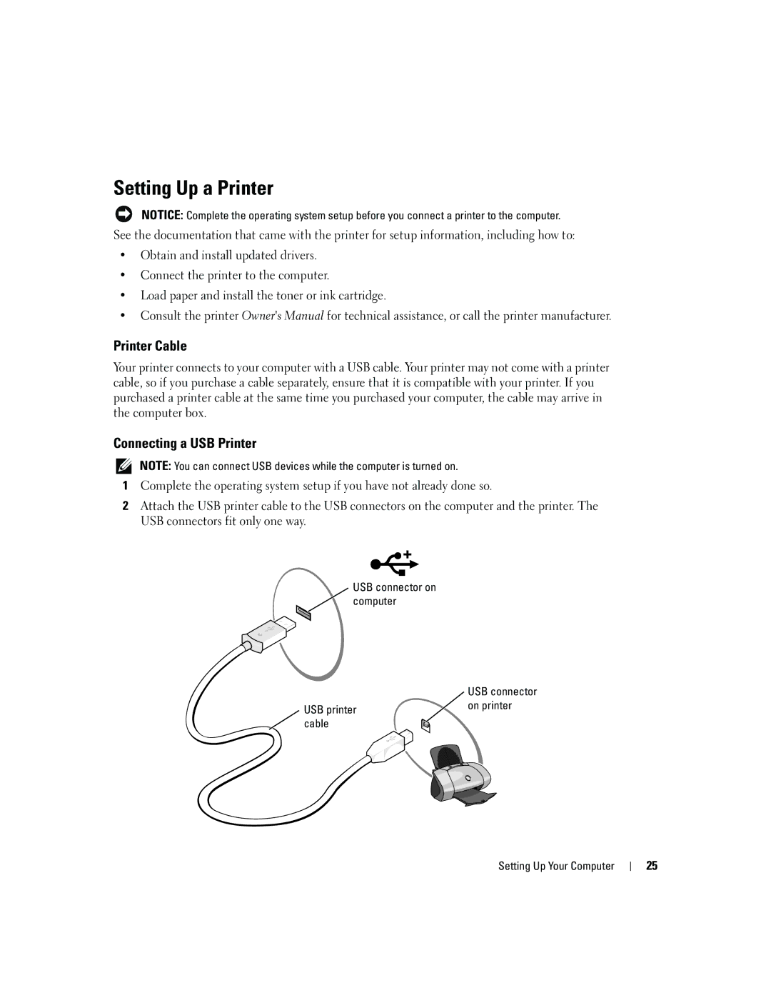 Dell PP10S owner manual Setting Up a Printer, Printer Cable, Connecting a USB Printer, USB connector on computer 