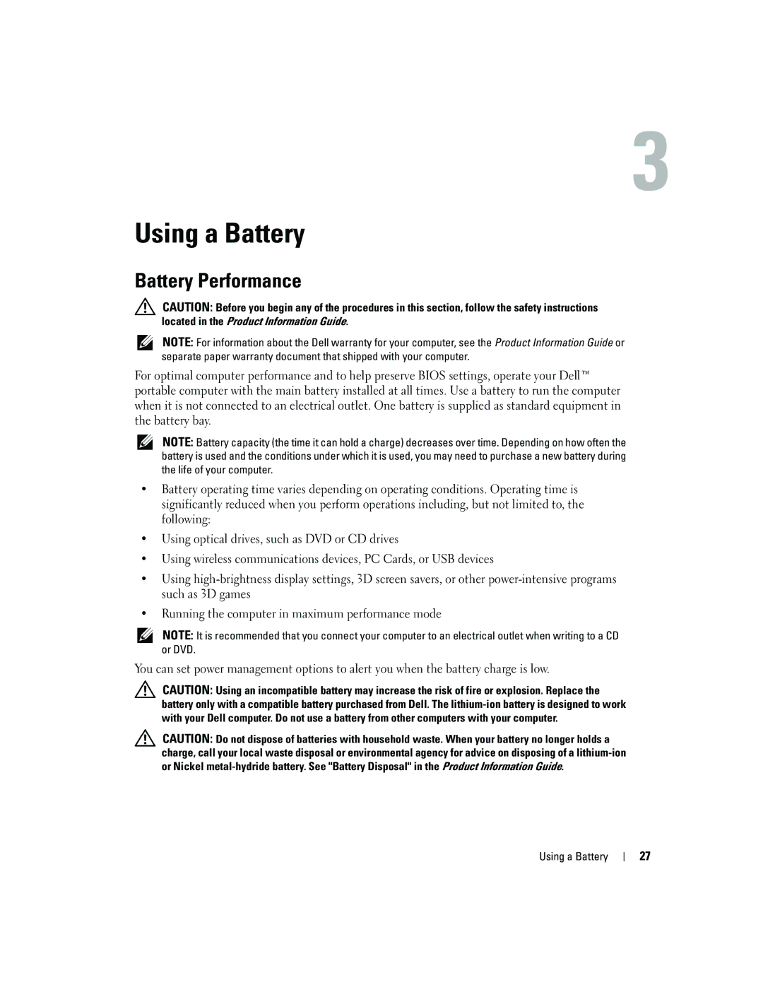 Dell PP10S owner manual Using a Battery, Battery Performance 