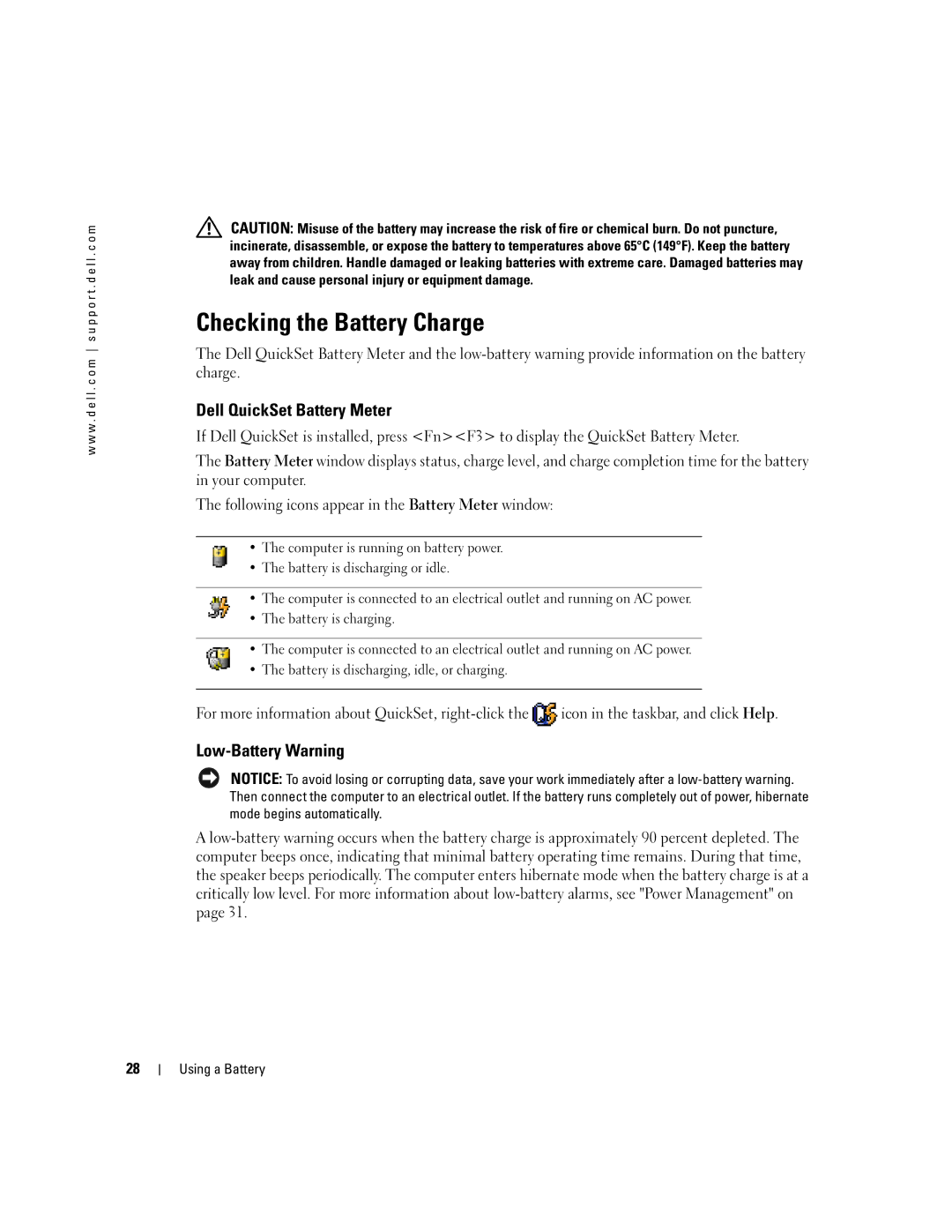 Dell PP10S owner manual Checking the Battery Charge, Dell QuickSet Battery Meter, Low-Battery Warning 