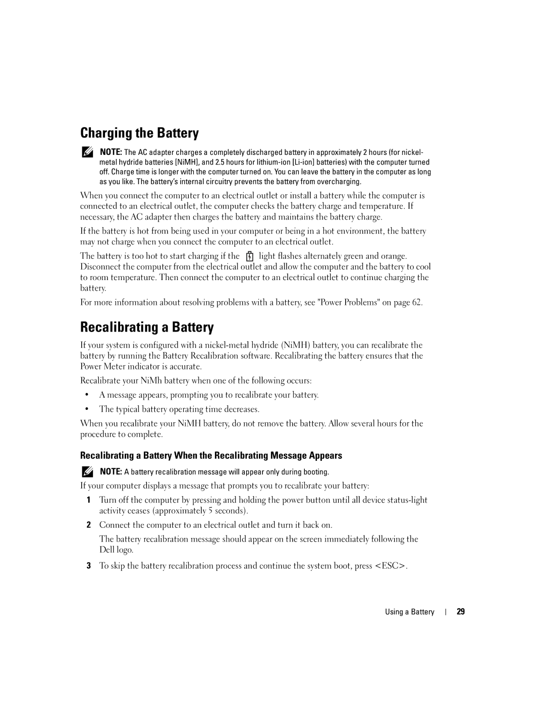 Dell PP10S owner manual Charging the Battery, Recalibrating a Battery 