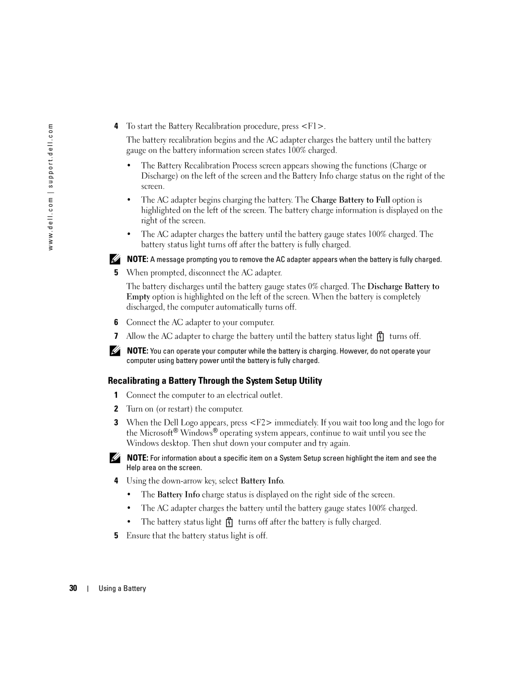 Dell PP10S owner manual Recalibrating a Battery Through the System Setup Utility 