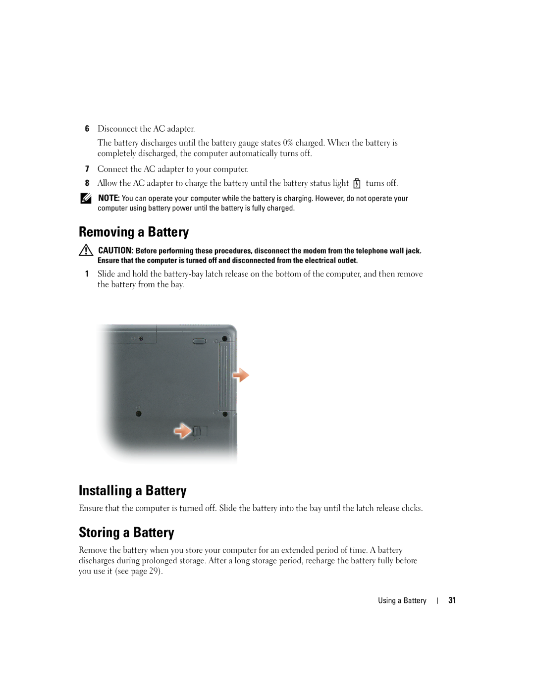 Dell PP10S owner manual Removing a Battery, Installing a Battery, Storing a Battery 