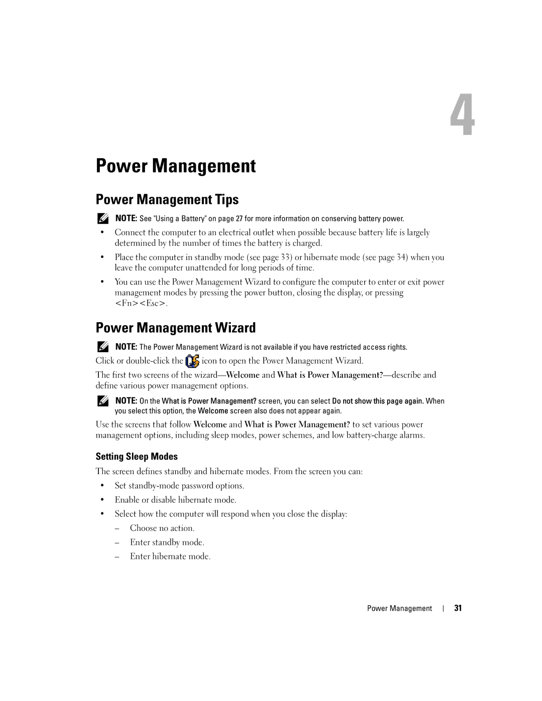 Dell PP10S owner manual Power Management Tips, Power Management Wizard, Setting Sleep Modes 