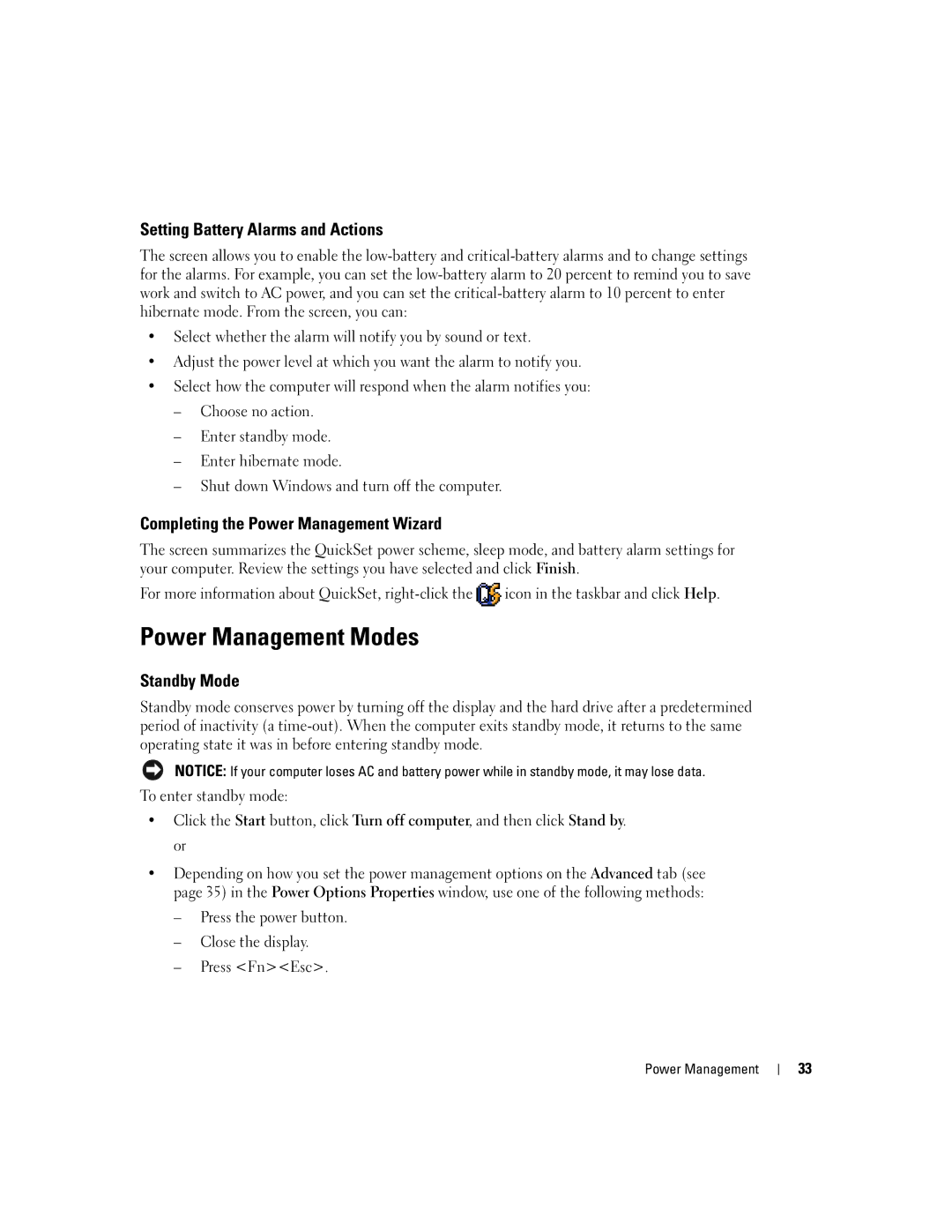 Dell PP10S owner manual Power Management Modes, Setting Battery Alarms and Actions, Completing the Power Management Wizard 