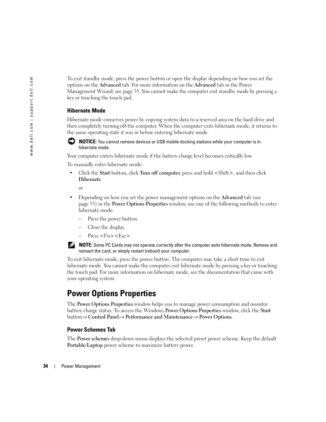 Dell PP10S owner manual Power Options Properties, Hibernate Mode, Power Schemes Tab 