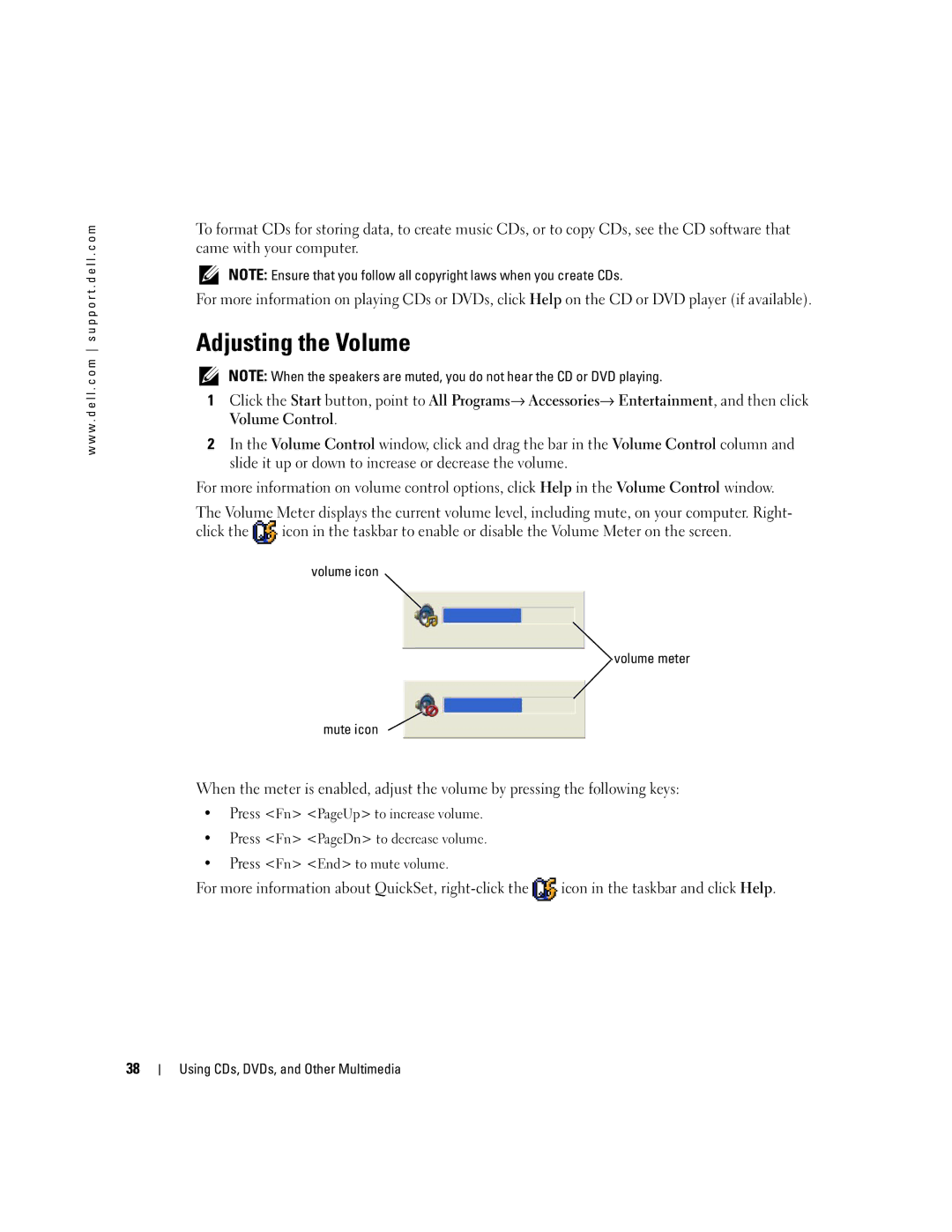 Dell PP10S owner manual Adjusting the Volume, Volume icon Volume meter Mute icon 