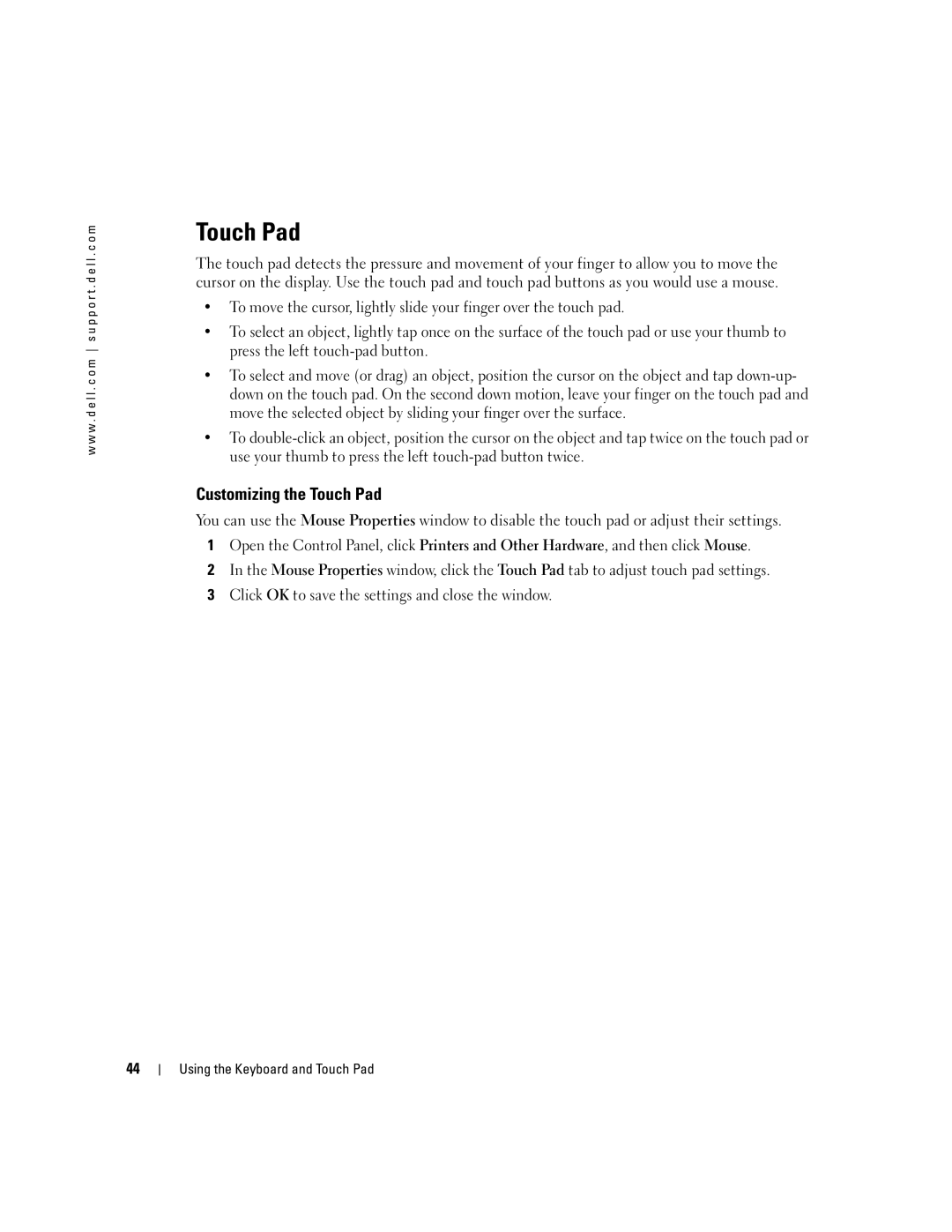 Dell PP10S owner manual Customizing the Touch Pad 