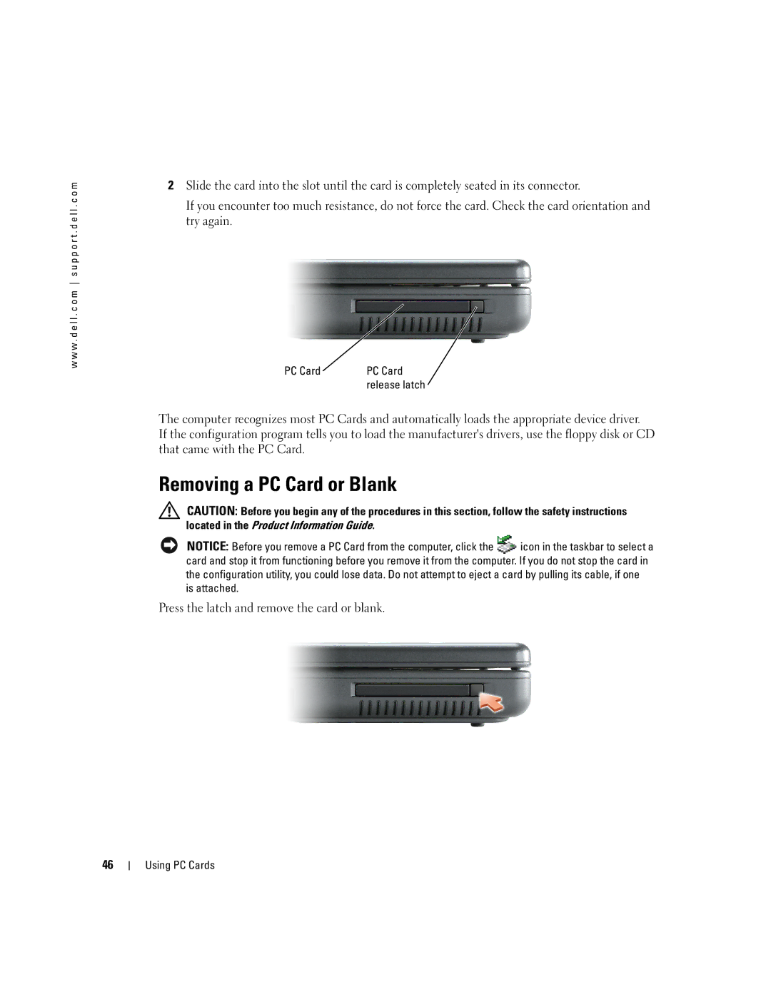 Dell PP10S owner manual Removing a PC Card or Blank, Release latch 