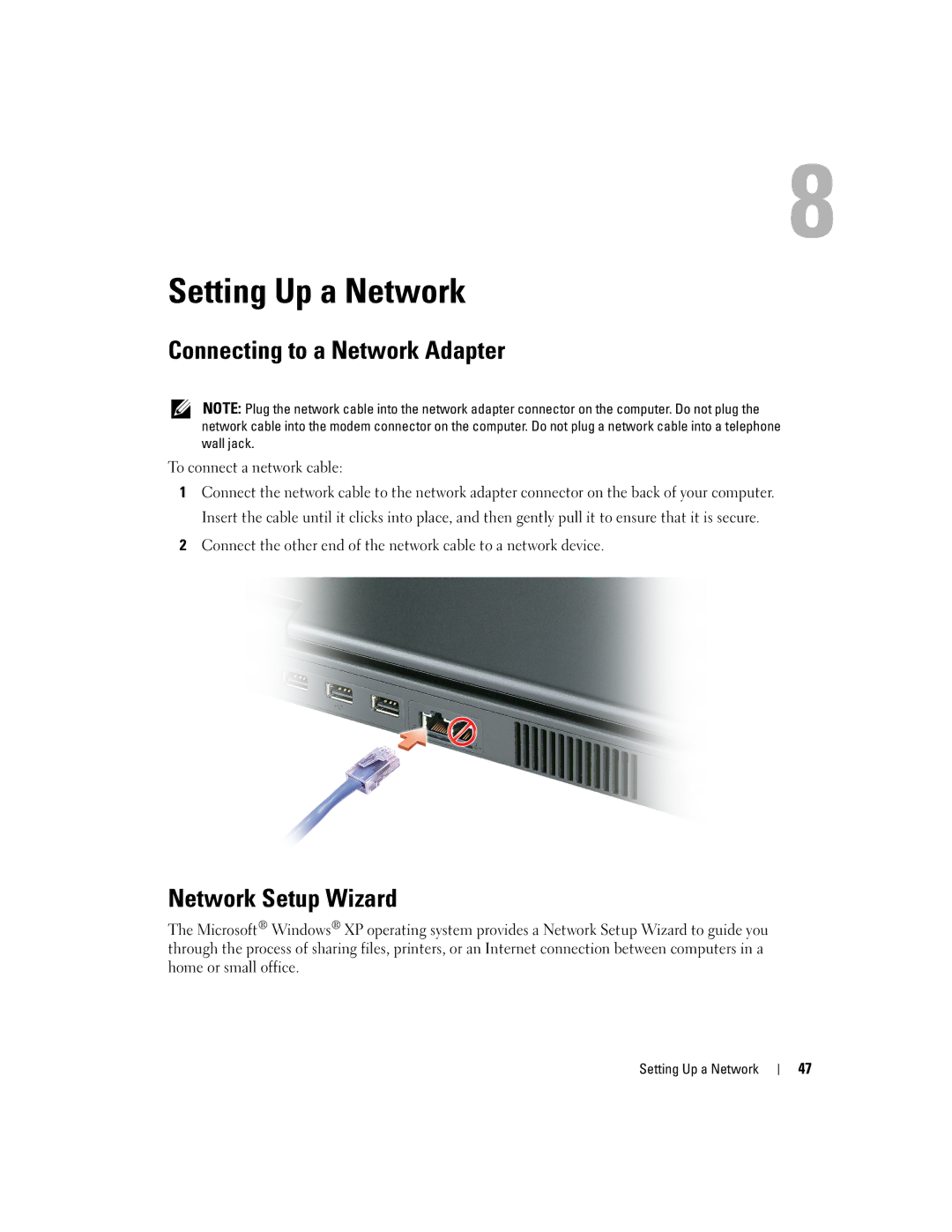 Dell PP10S owner manual Setting Up a Network, Connecting to a Network Adapter, Network Setup Wizard 