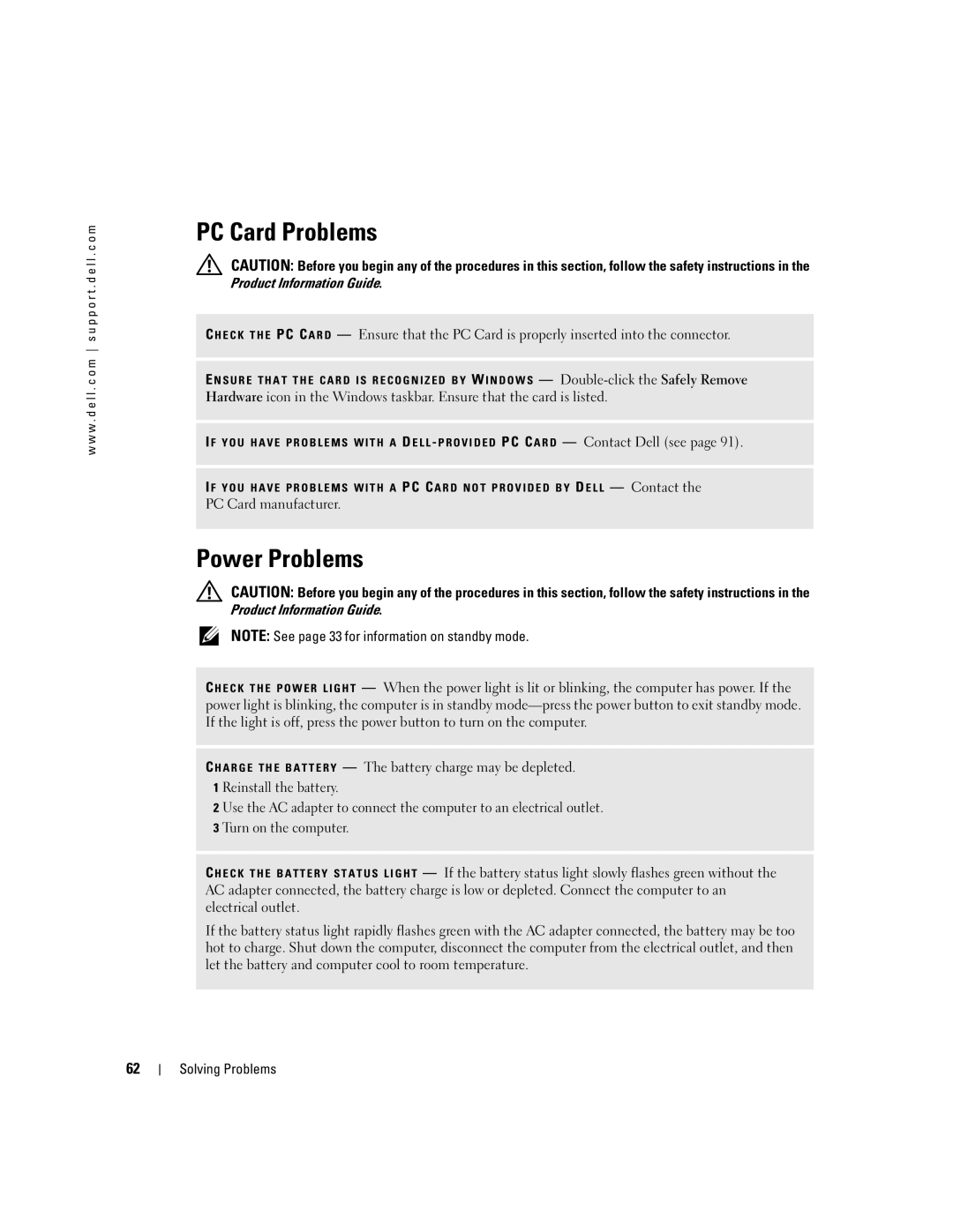 Dell PP10S owner manual PC Card Problems, Power Problems 