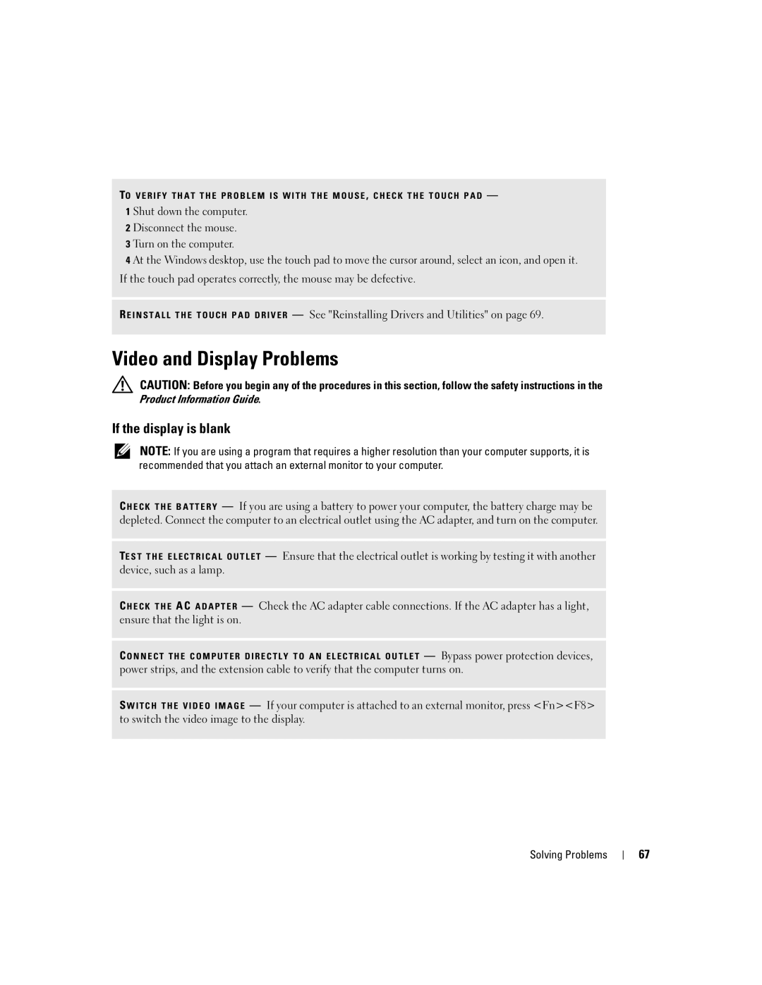 Dell PP10S owner manual Video and Display Problems, If the display is blank 