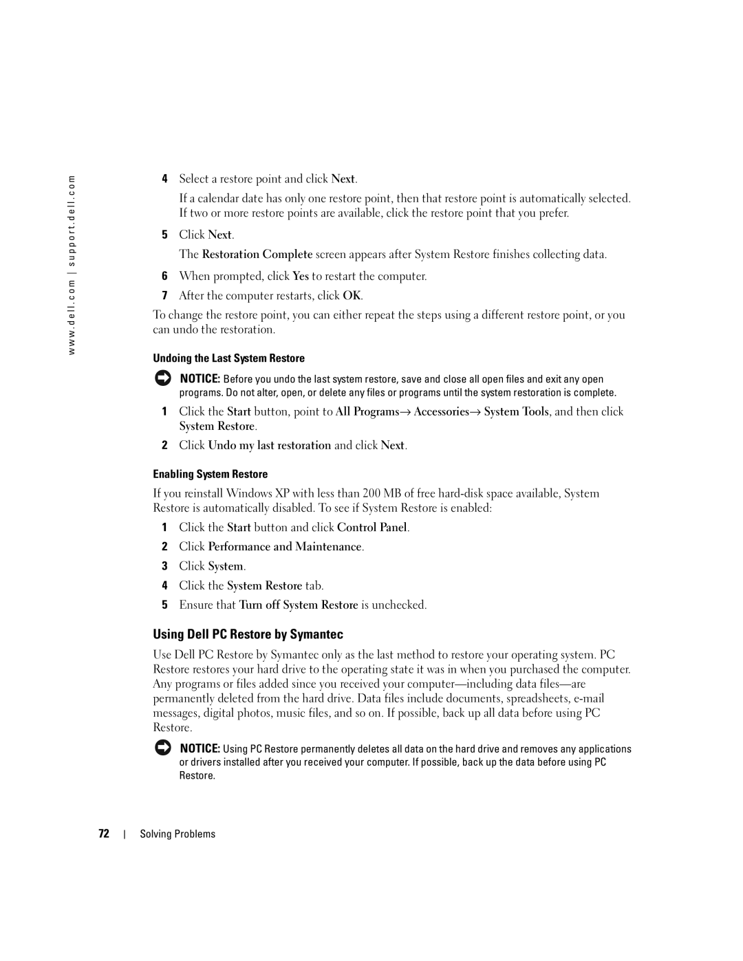 Dell PP10S Using Dell PC Restore by Symantec, Undoing the Last System Restore, Click Performance and Maintenance 