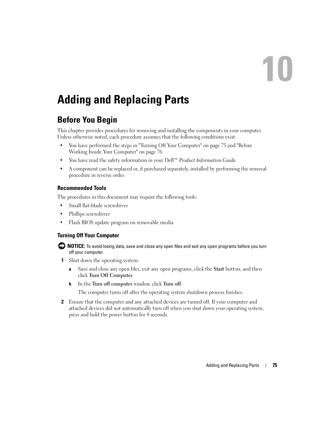 Dell PP10S owner manual Adding and Replacing Parts, Before You Begin, Recommended Tools, Turning Off Your Computer 