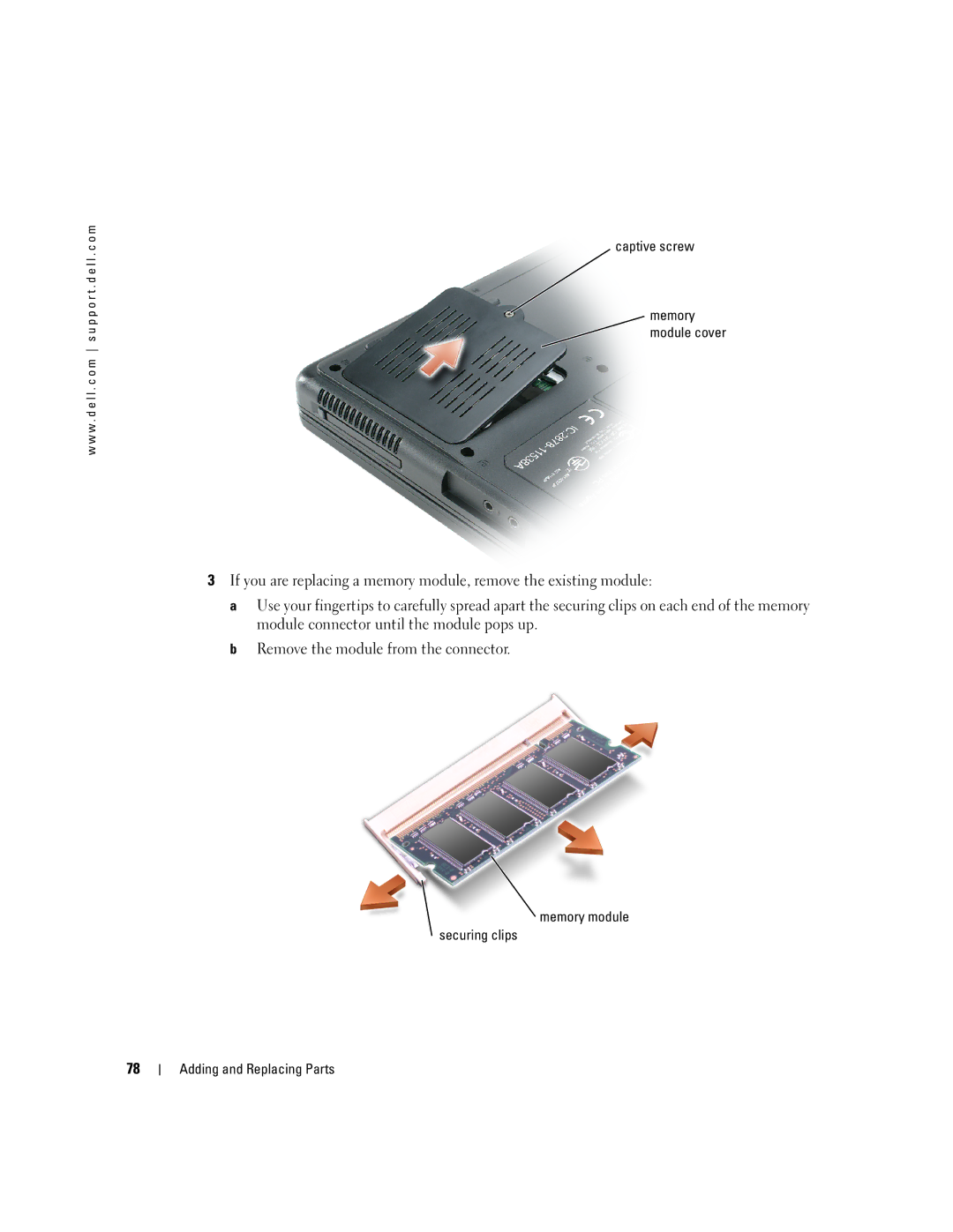 Dell PP10S owner manual Captive screw, Memory module Securing clips Adding and Replacing Parts 