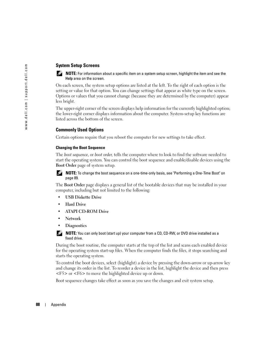 Dell PP10S owner manual System Setup Screens, Commonly Used Options, Changing the Boot Sequence 