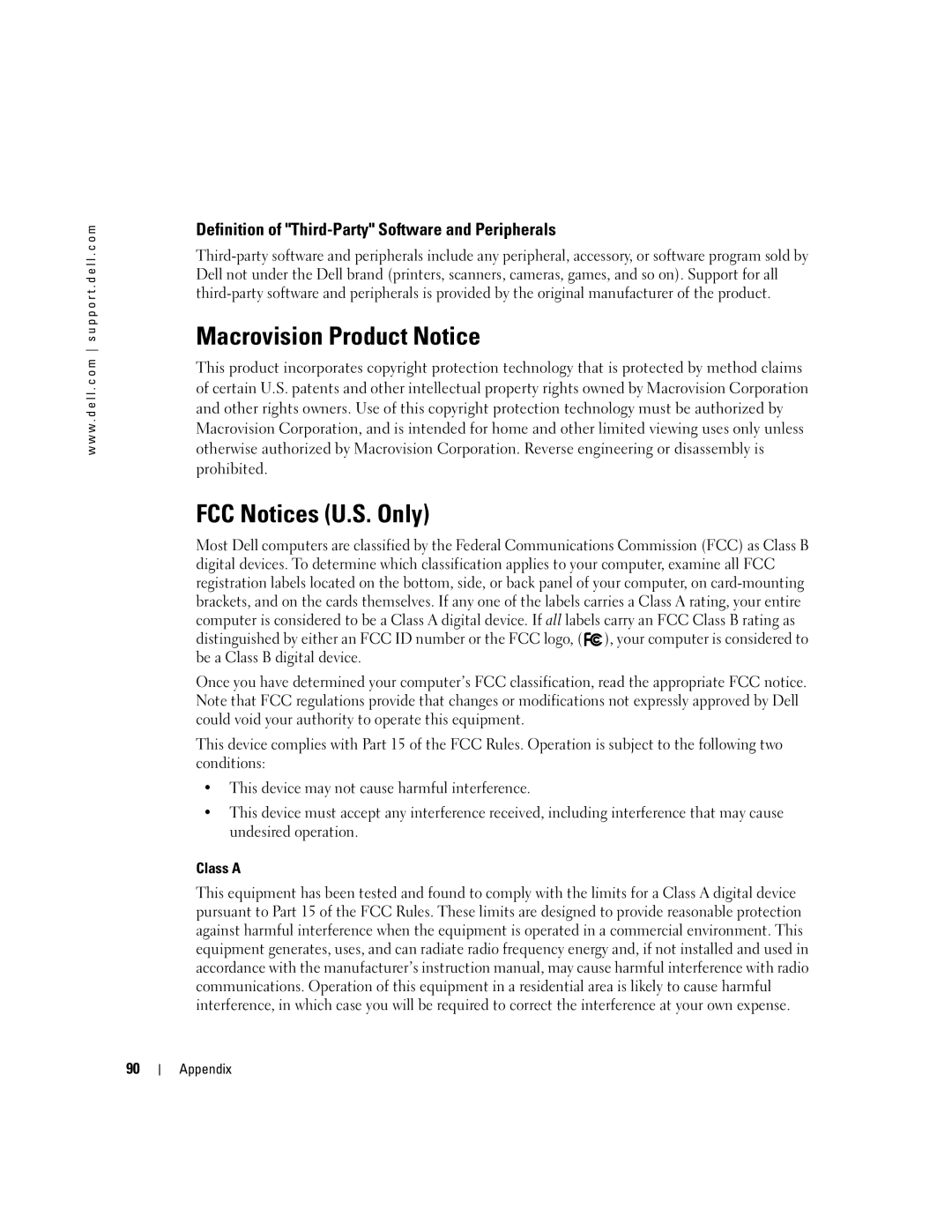 Dell PP10S Macrovision Product Notice, FCC Notices U.S. Only, Definition of Third-Party Software and Peripherals, Class a 