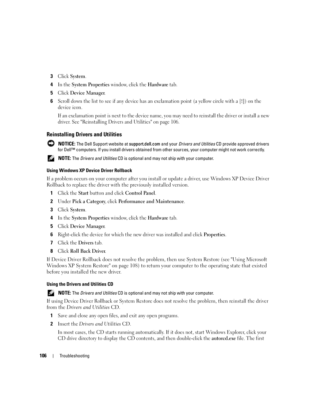 Dell PP11S Reinstalling Drivers and Utilities, Using Windows XP Device Driver Rollback, Using the Drivers and Utilities CD 