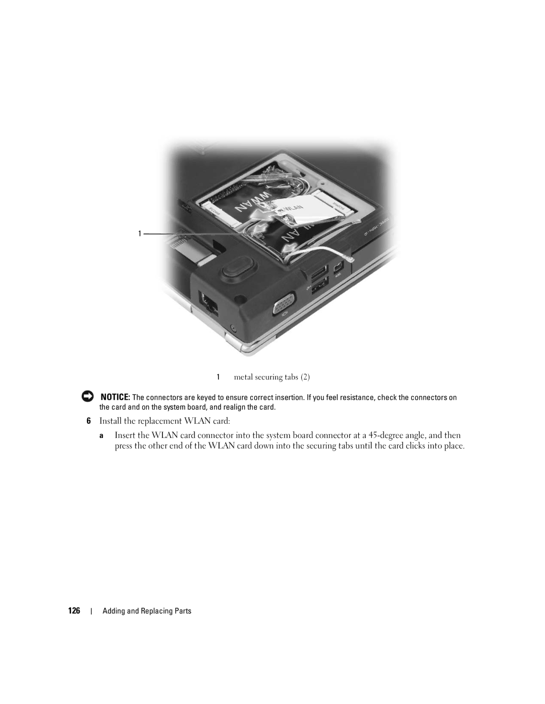 Dell PP11S, M1210 manual Install the replacement Wlan card, 126 