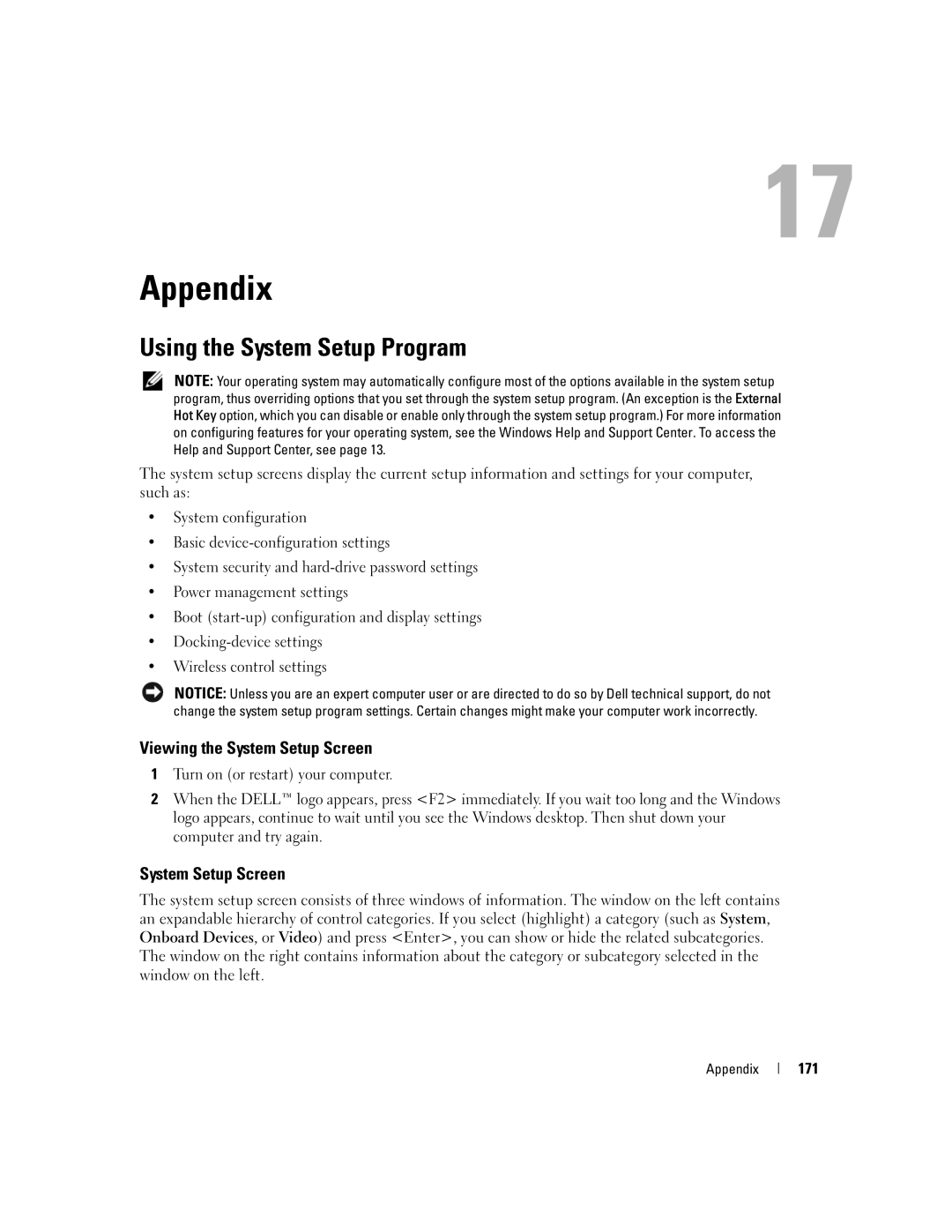 Dell M1210, PP11S manual Appendix, Using the System Setup Program, Viewing the System Setup Screen, 171 