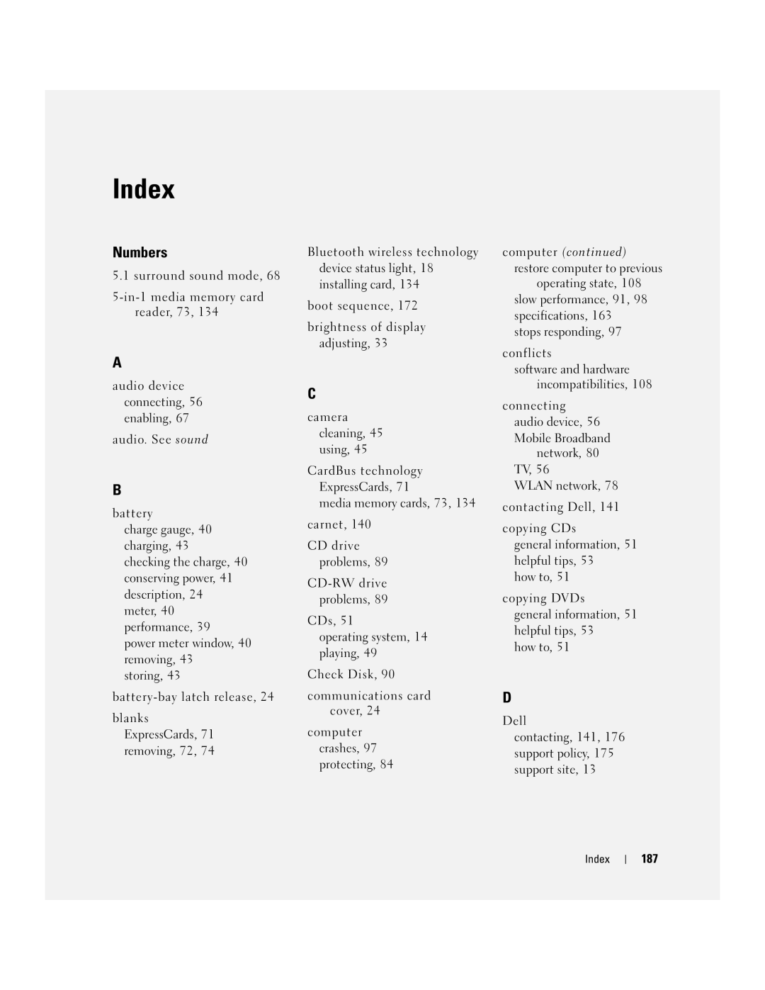 Dell M1210, PP11S manual Index, 187 