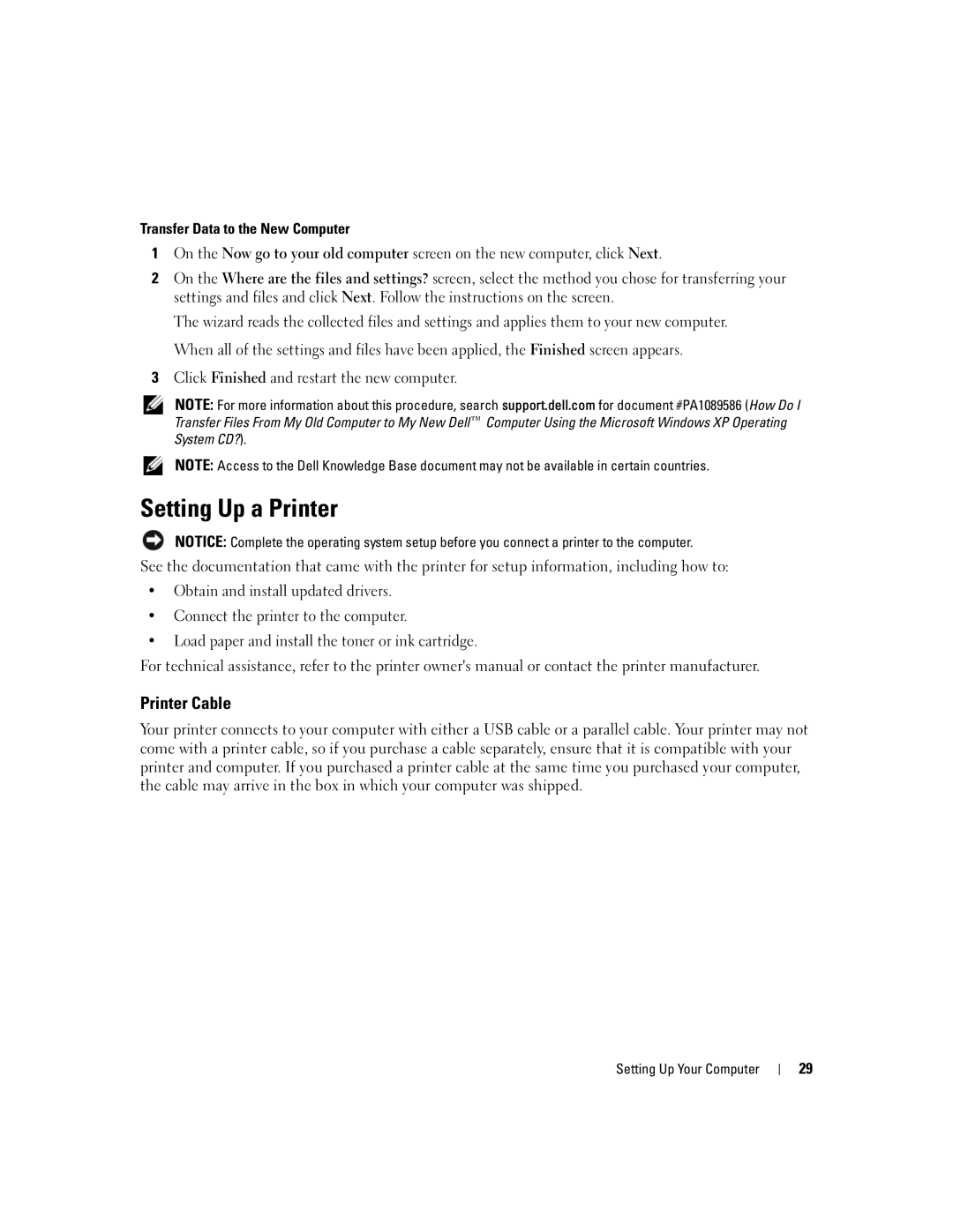 Dell M1210, PP11S manual Setting Up a Printer, Printer Cable 