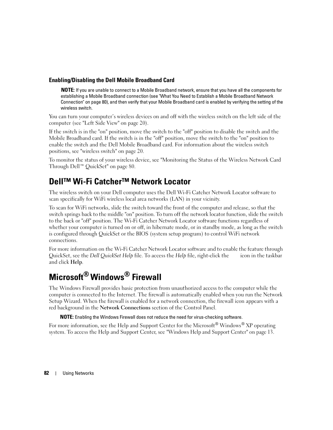 Dell PP11S, M1210 manual Dell Wi-Fi Catcher Network Locator, Microsoft Windows Firewall 