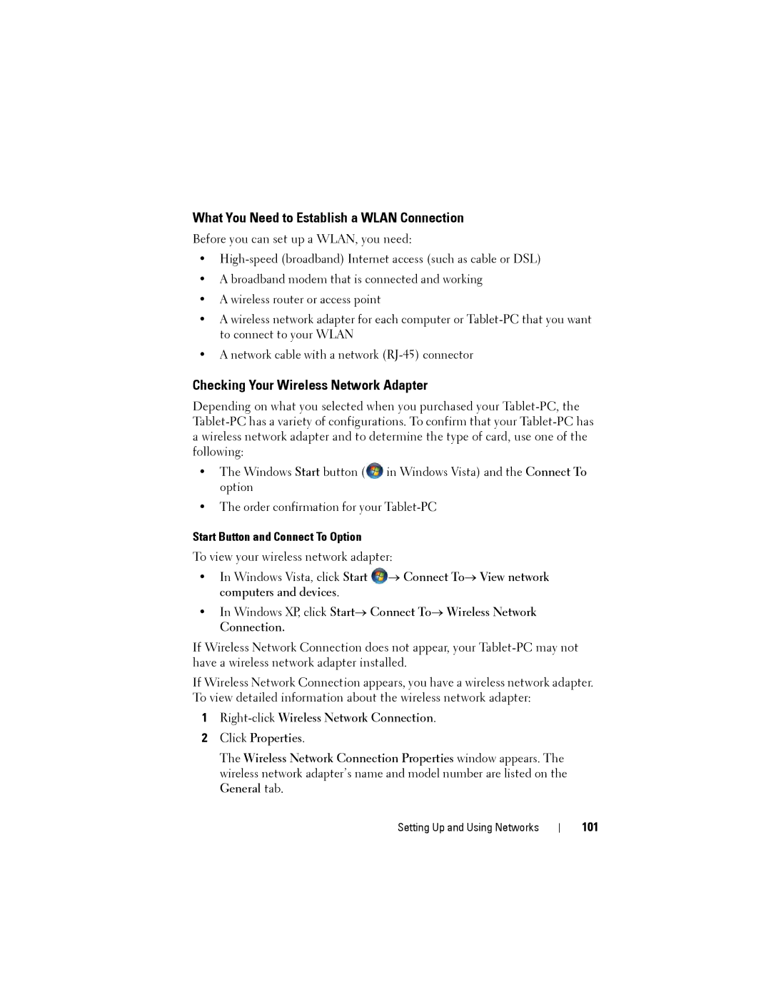 Dell PP12S manual What You Need to Establish a Wlan Connection, Checking Your Wireless Network Adapter, 101 