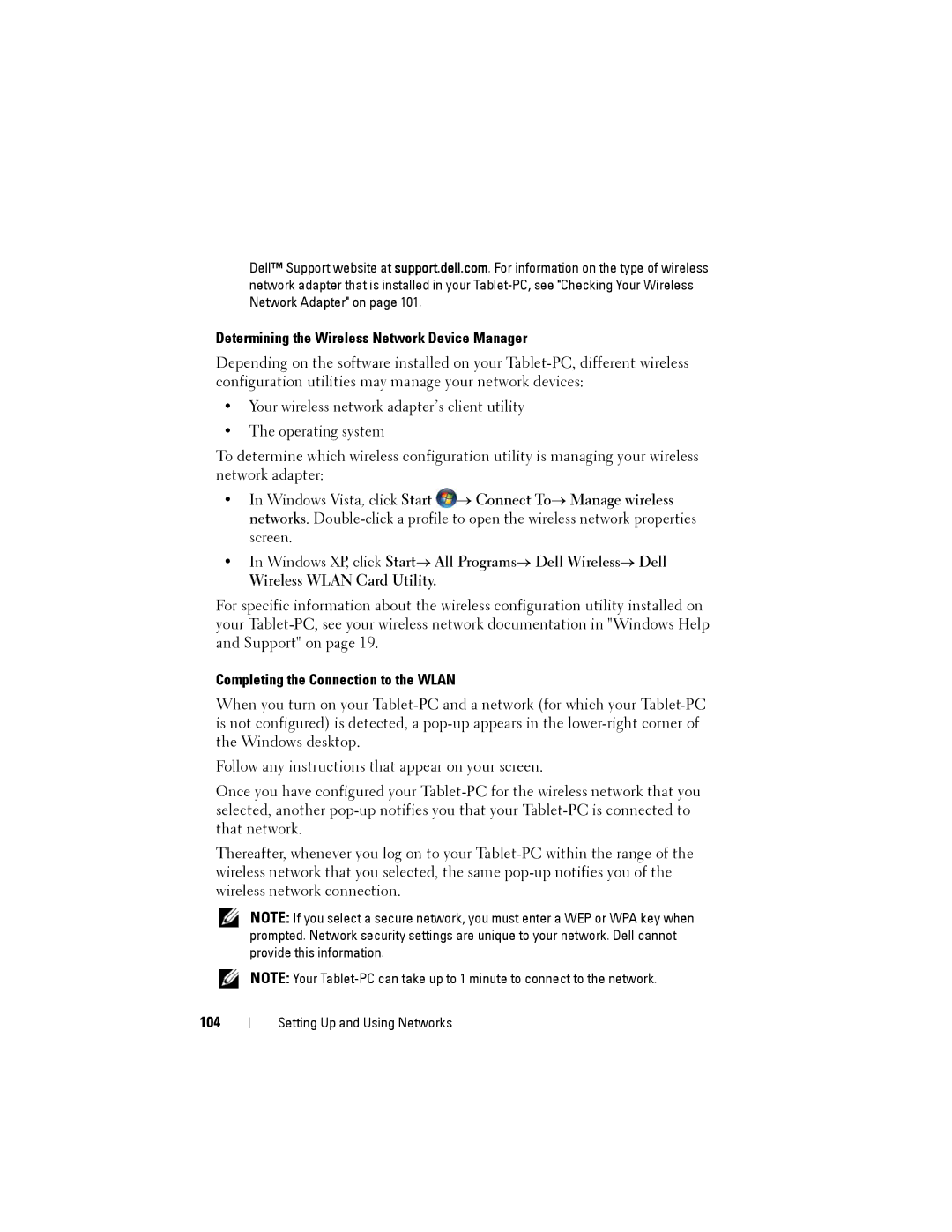 Dell PP12S manual Determining the Wireless Network Device Manager, Completing the Connection to the Wlan, 104 