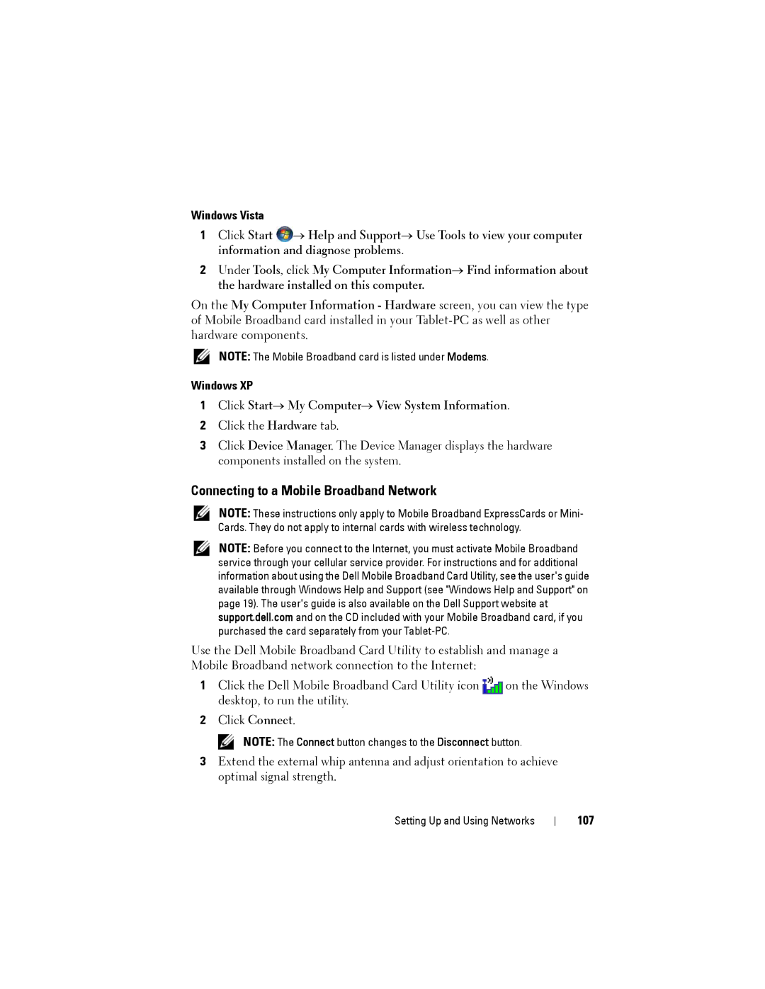 Dell PP12S manual Connecting to a Mobile Broadband Network, 107 