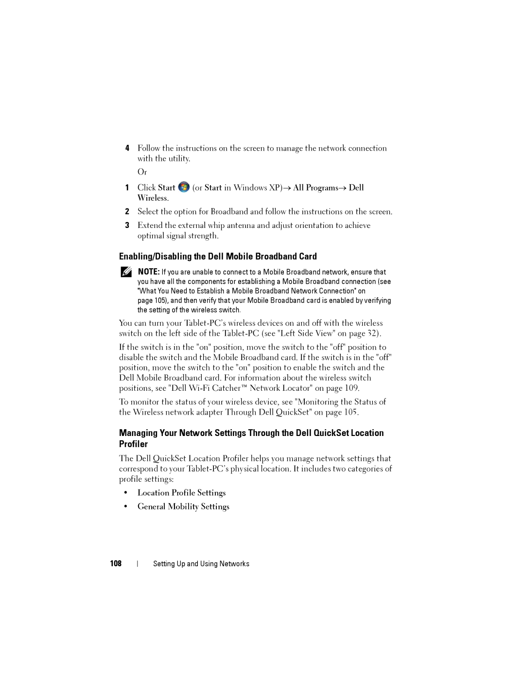 Dell PP12S manual Enabling/Disabling the Dell Mobile Broadband Card, 108 