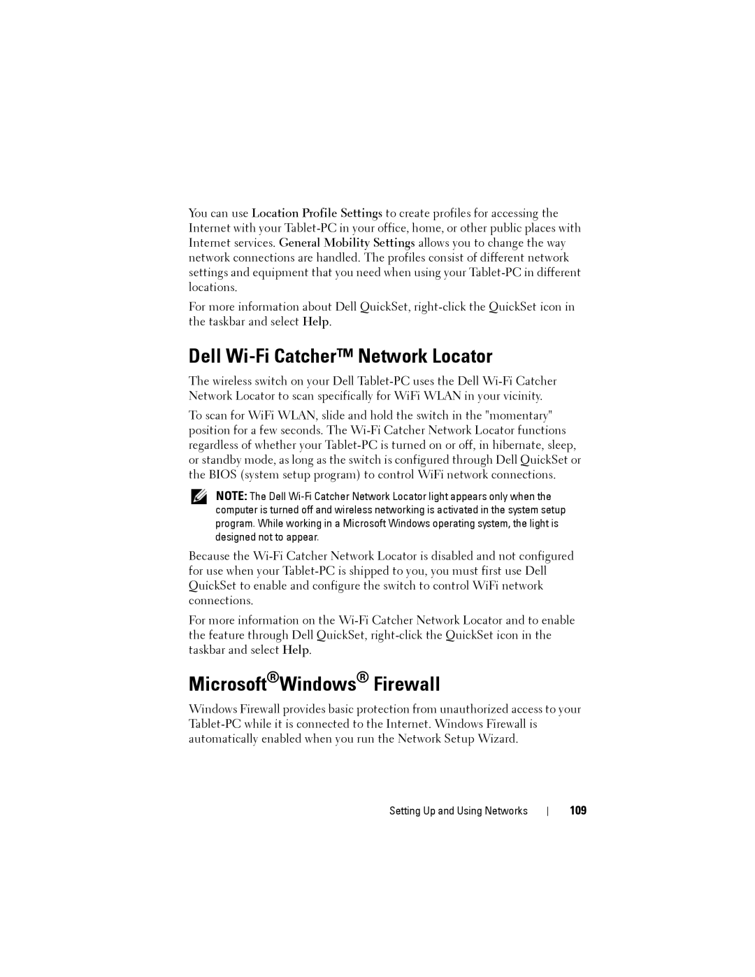 Dell PP12S manual Dell Wi-Fi Catcher Network Locator, MicrosoftWindows Firewall, 109 