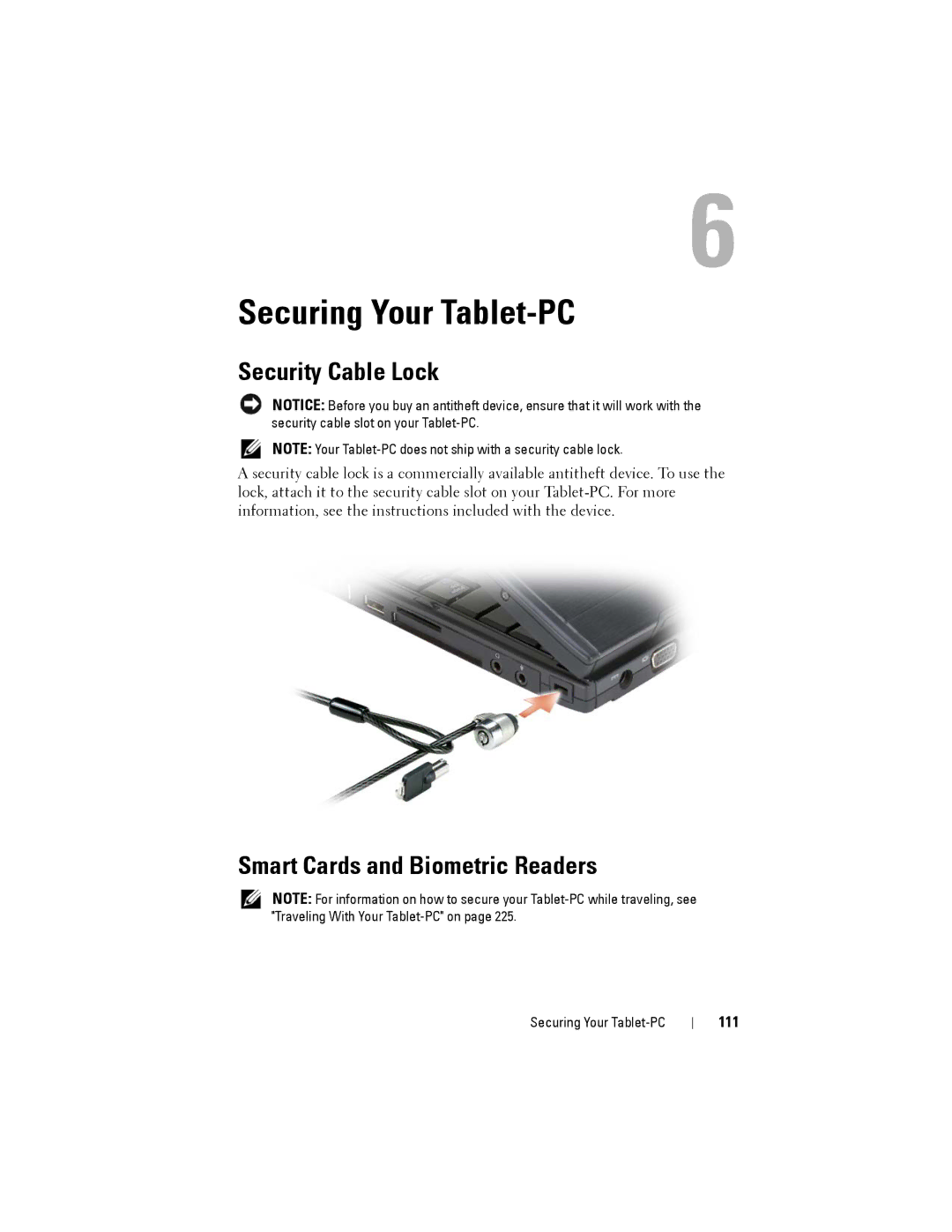 Dell PP12S manual Securing Your Tablet-PC, Security Cable Lock, Smart Cards and Biometric Readers 