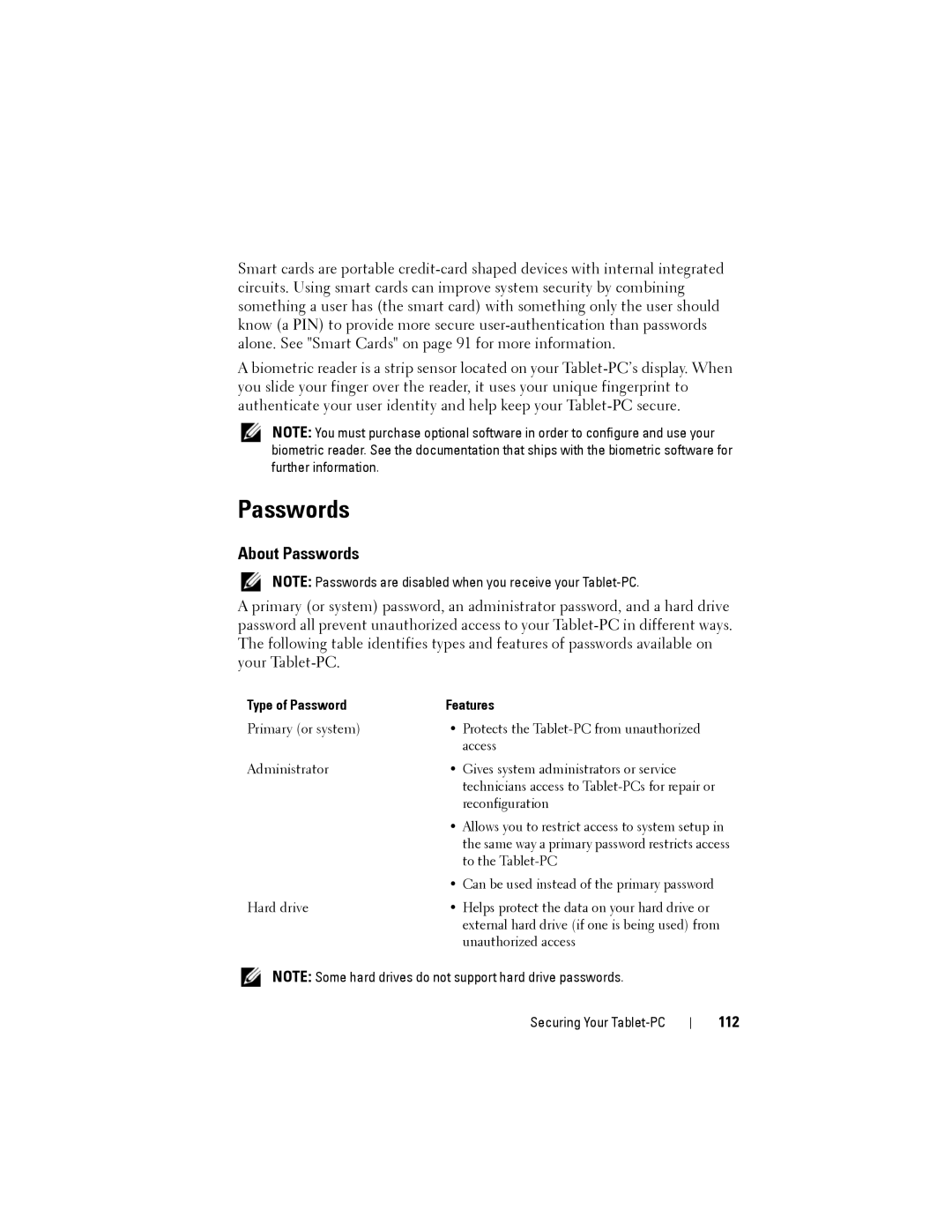 Dell PP12S manual About Passwords, 112, Type of Password Features 