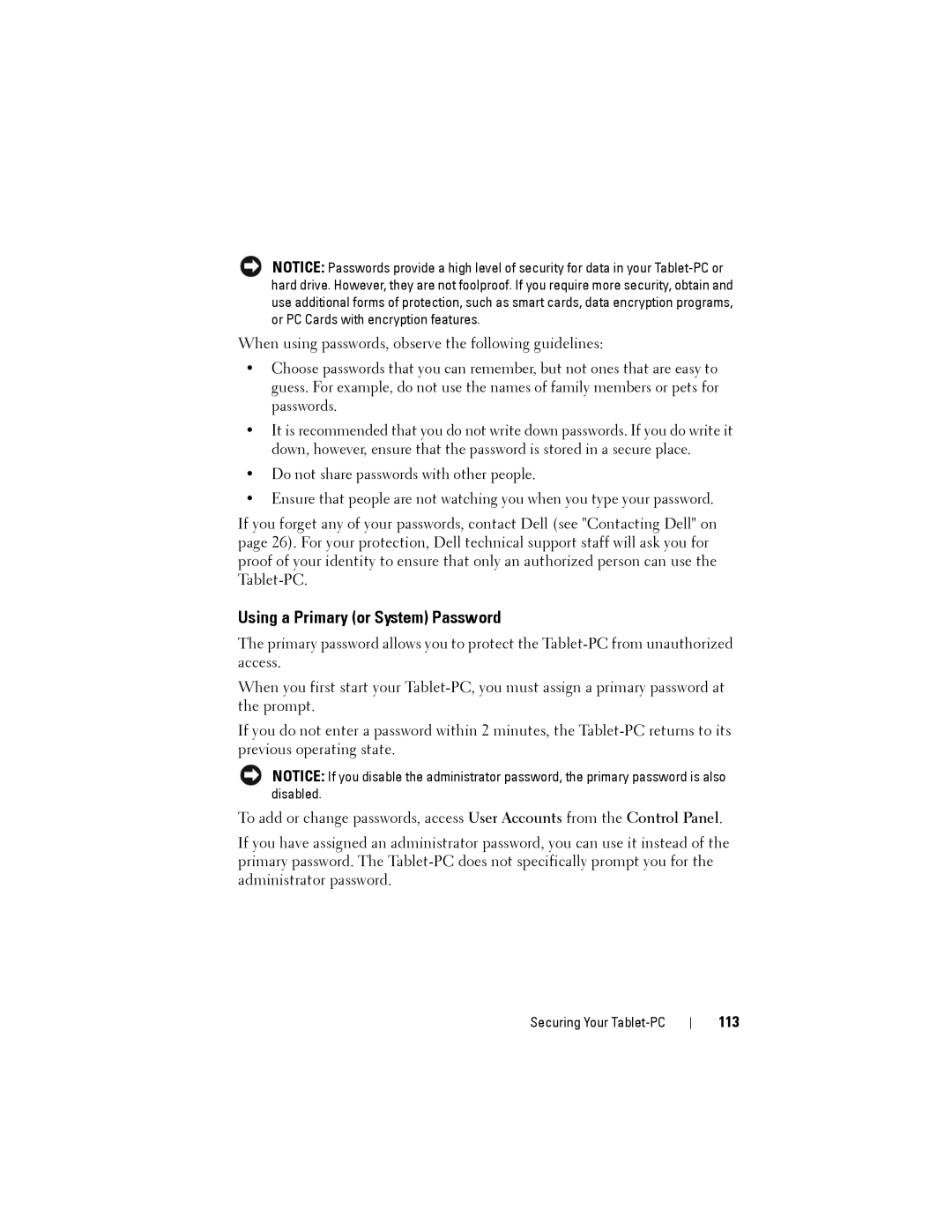 Dell PP12S manual Using a Primary or System Password, 113 