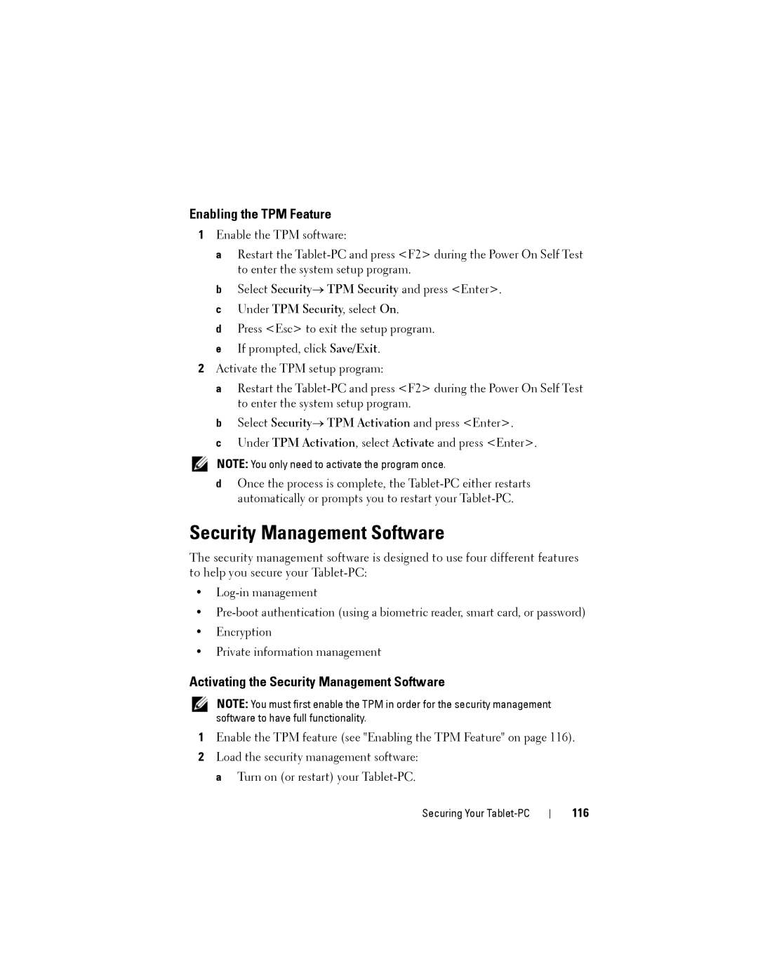 Dell PP12S manual Enabling the TPM Feature, Activating the Security Management Software, 116 