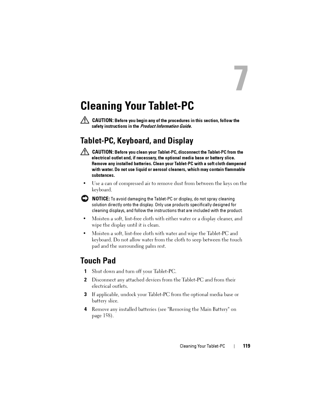 Dell PP12S manual Cleaning Your Tablet-PC, Tablet-PC, Keyboard, and Display, Touch Pad, 119 