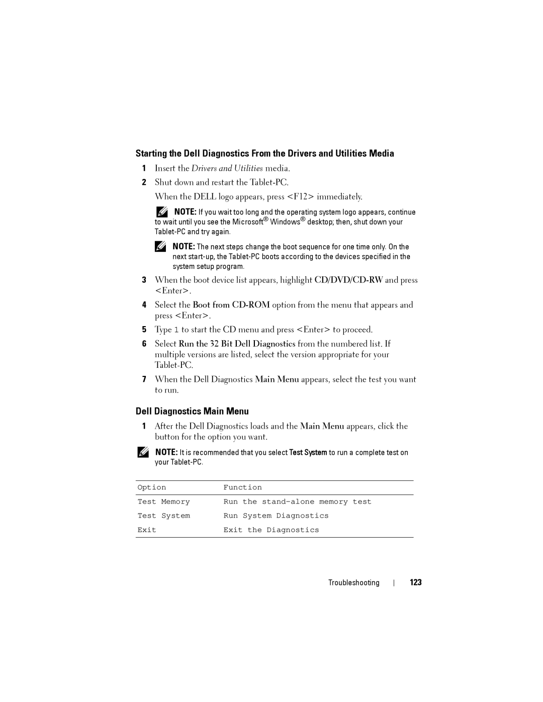 Dell PP12S manual Dell Diagnostics Main Menu, 123 