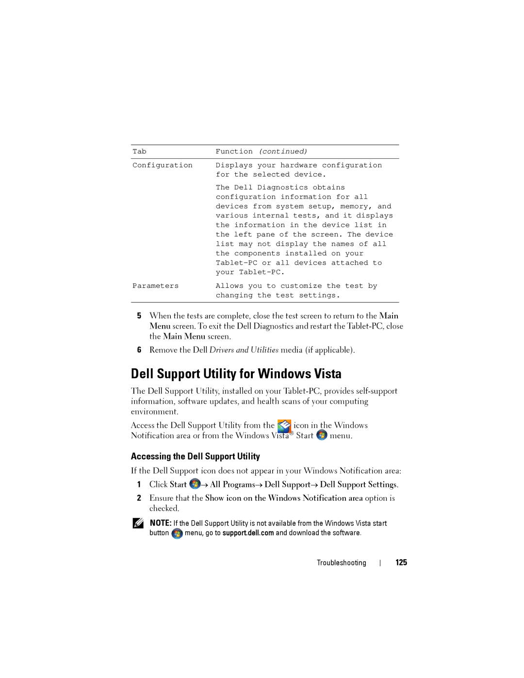 Dell PP12S manual Dell Support Utility for Windows Vista, Accessing the Dell Support Utility, 125 