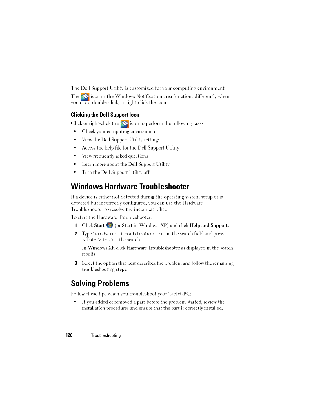 Dell PP12S manual Windows Hardware Troubleshooter, Solving Problems, Clicking the Dell Support Icon, 126 