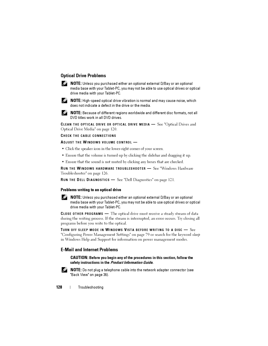 Dell PP12S manual Optical Drive Problems, Mail and Internet Problems, Problems writing to an optical drive, 128 