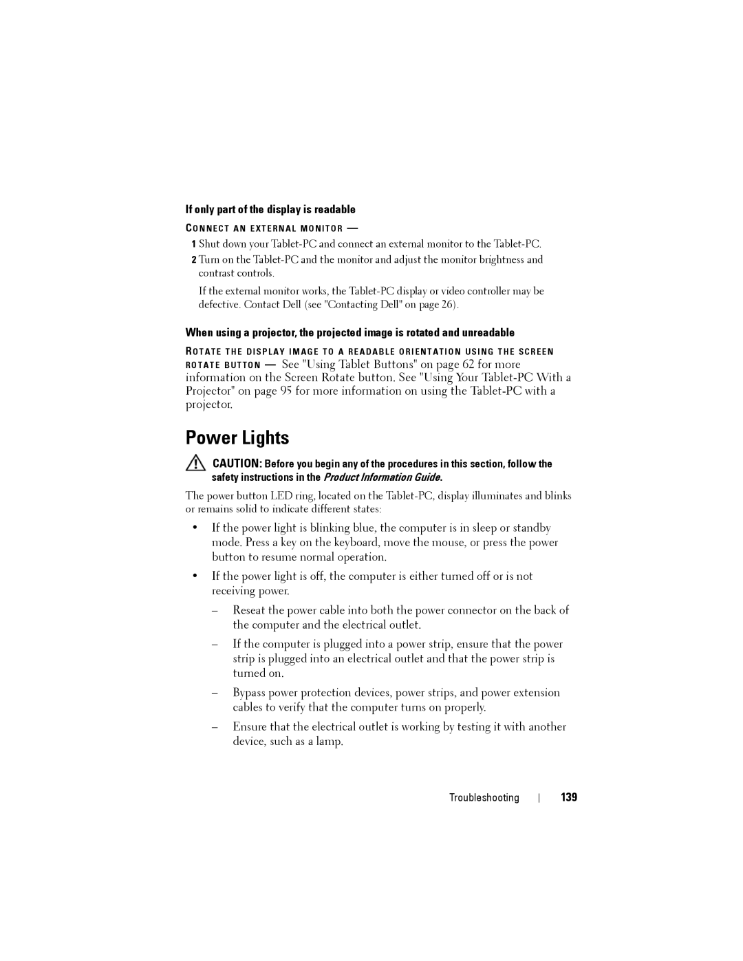 Dell PP12S manual Power Lights, If only part of the display is readable, 139 