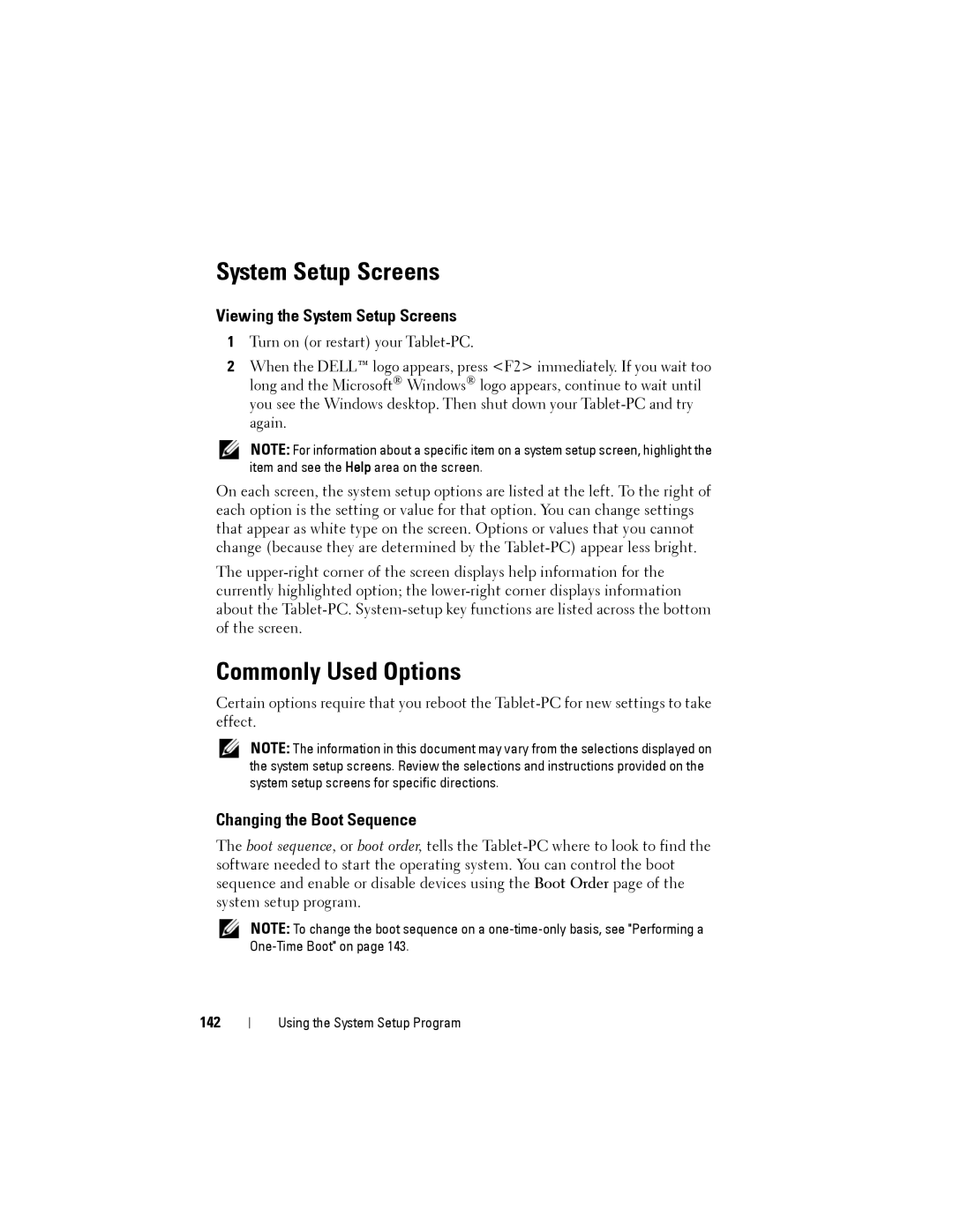 Dell PP12S manual Commonly Used Options, Viewing the System Setup Screens, Changing the Boot Sequence, 142 