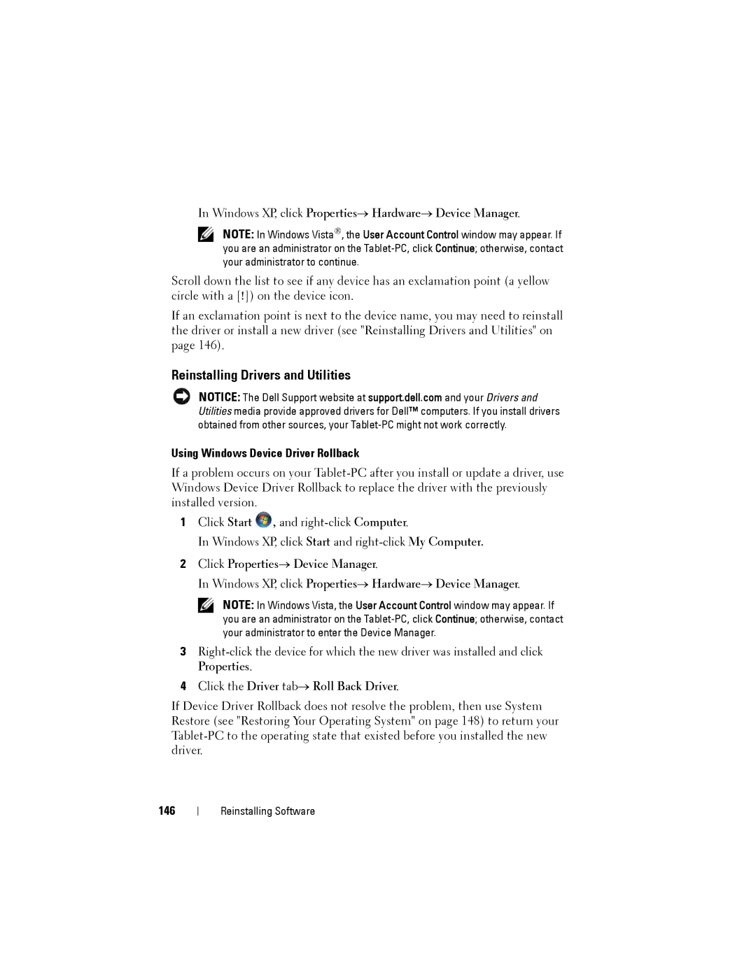 Dell PP12S manual Reinstalling Drivers and Utilities, Using Windows Device Driver Rollback, 146 